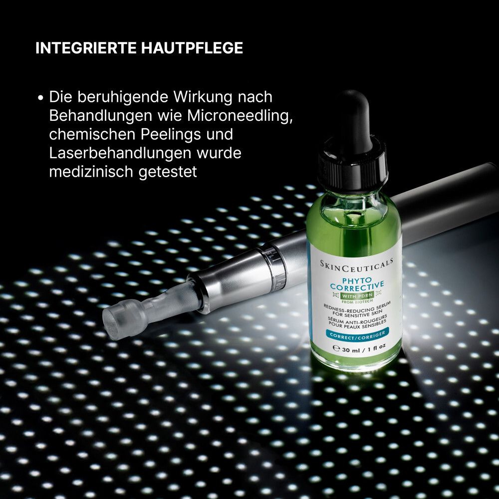 Skinceuticals Phyto Corrective Serum in grüner Glasflasche mit Pipette. Daneben ein medizinisches Gerät.