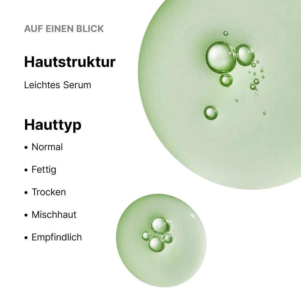 Hautstruktur und Hauttyp-Informationen für ein leichtes Serum. Geeignet für normale, fettige, trockene, Mischhaut und empfindliche Haut.