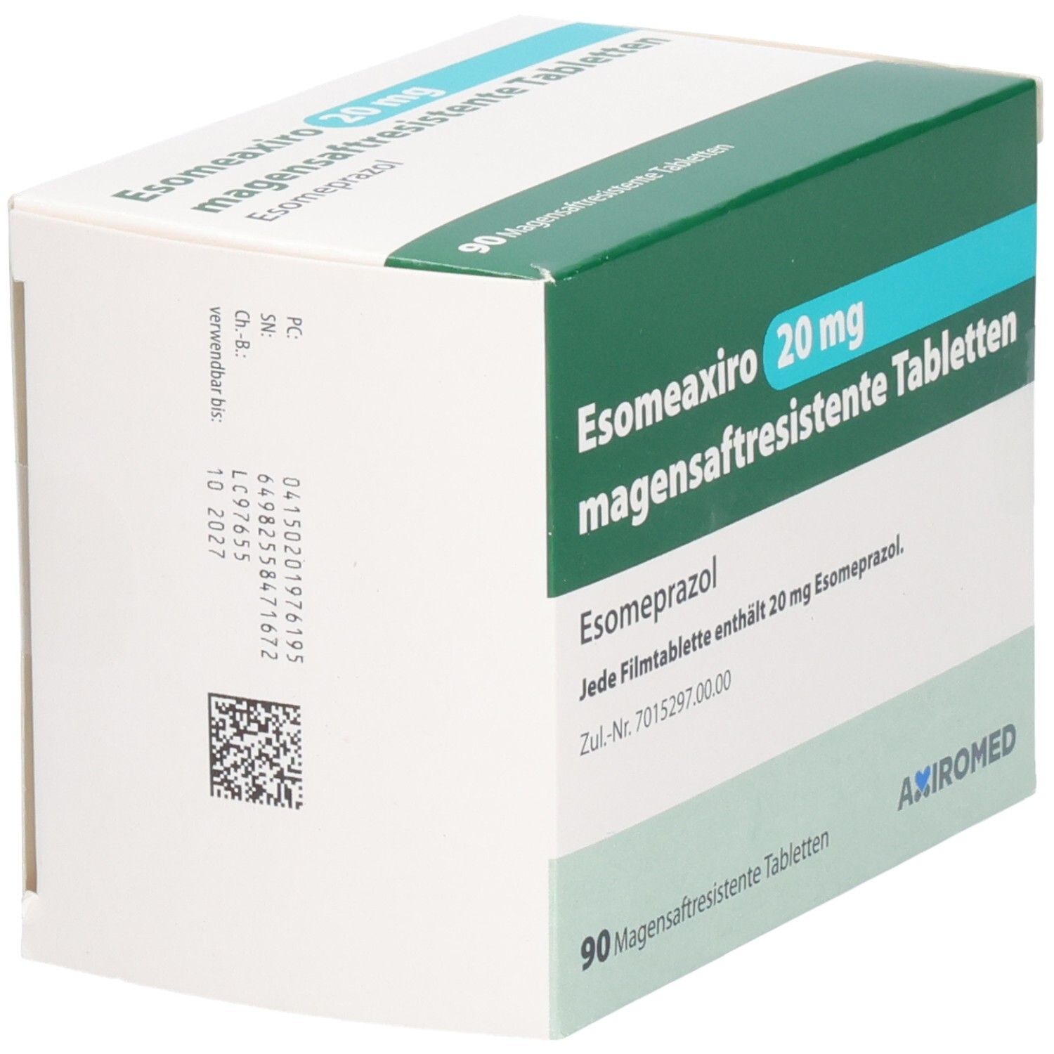 Schachtel mit ESOMEAXIRO 20 mg magensaftresistente Tabletten. Grün-weiße Verpackung. Text: Esomeaxiro, 20 mg, magensaftresistente Tabletten, Axiromed.
