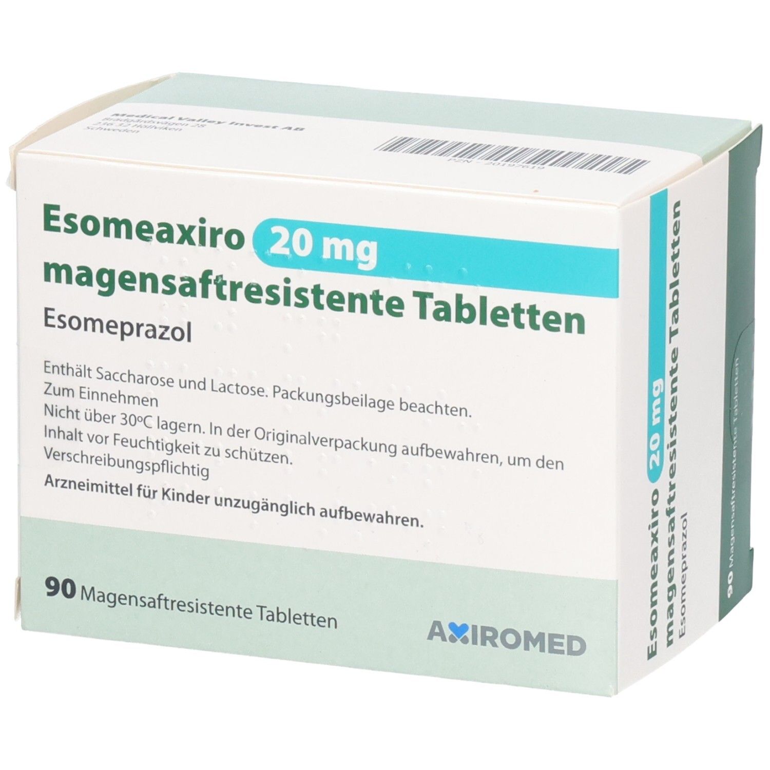 Schachtel mit ESOMEAXIRO 20 mg magensaftresistente Tabletten. Grün-weiße Verpackung. Text: Esomeaxiro, 20 mg, magensaftresistente Tabletten, Axiromed.