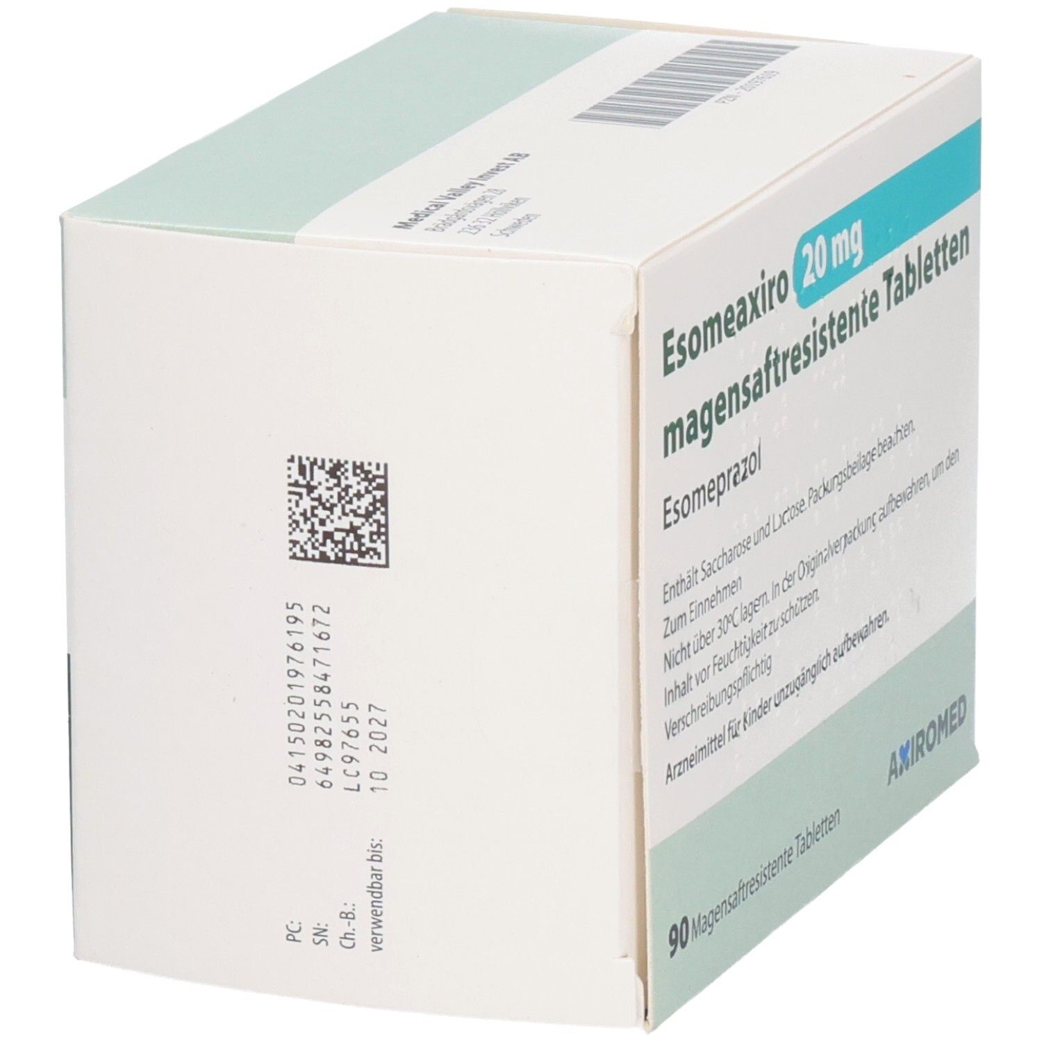Schachtel mit ESOMEAXIRO 20 mg magensaftresistente Tabletten. Grün-weiße Verpackung. Text: Esomeaxiro, 20 mg, magensaftresistente Tabletten, Axiromed.