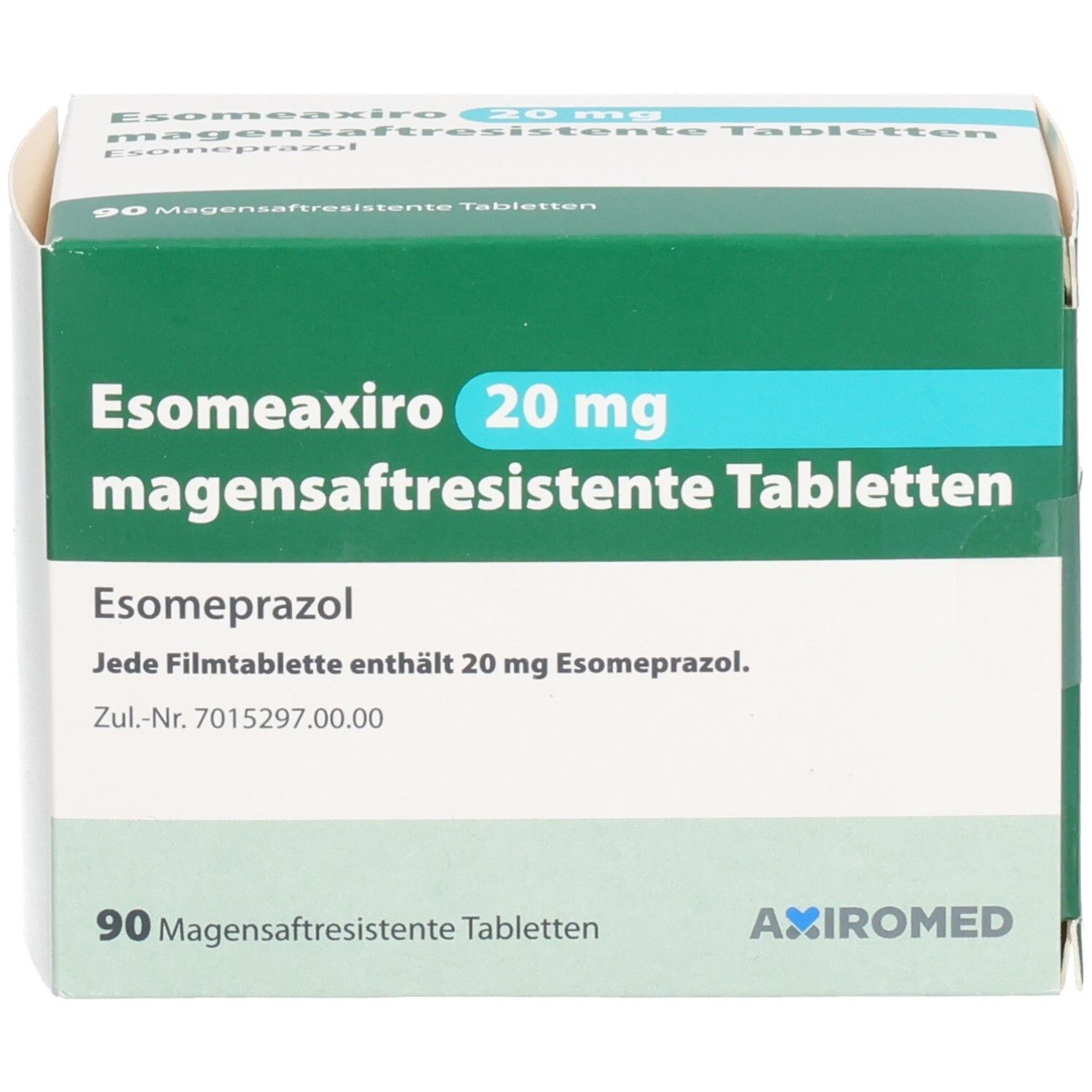 Schachtel mit ESOMEAXIRO 20 mg magensaftresistente Tabletten. Grün-weiße Verpackung. Text: Esomeaxiro, 20 mg, magensaftresistente Tabletten, Axiromed.