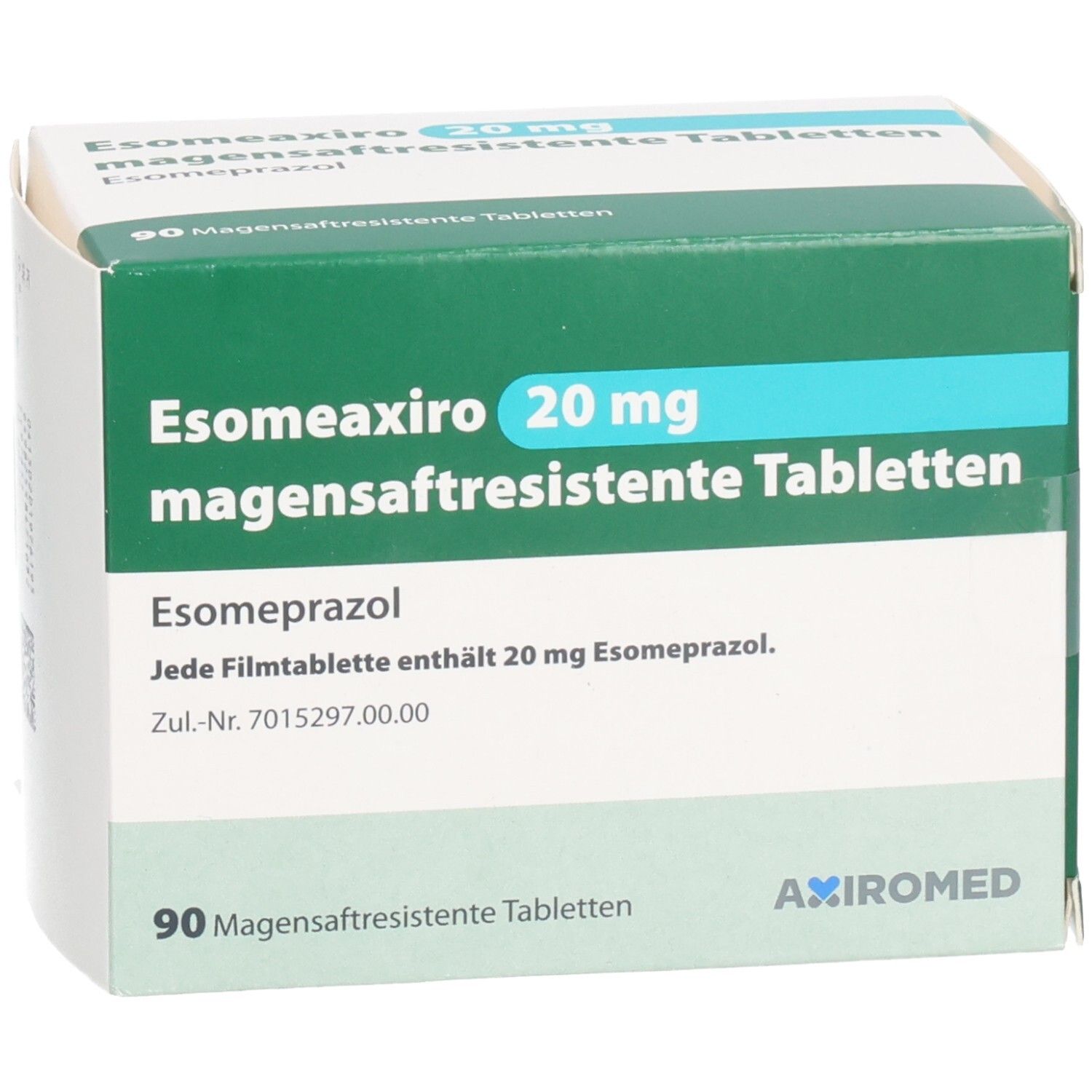 Schachtel mit ESOMEAXIRO 20 mg magensaftresistente Tabletten. Grün-weiße Verpackung. Text: Esomeaxiro, 20 mg, magensaftresistente Tabletten, Axiromed.
