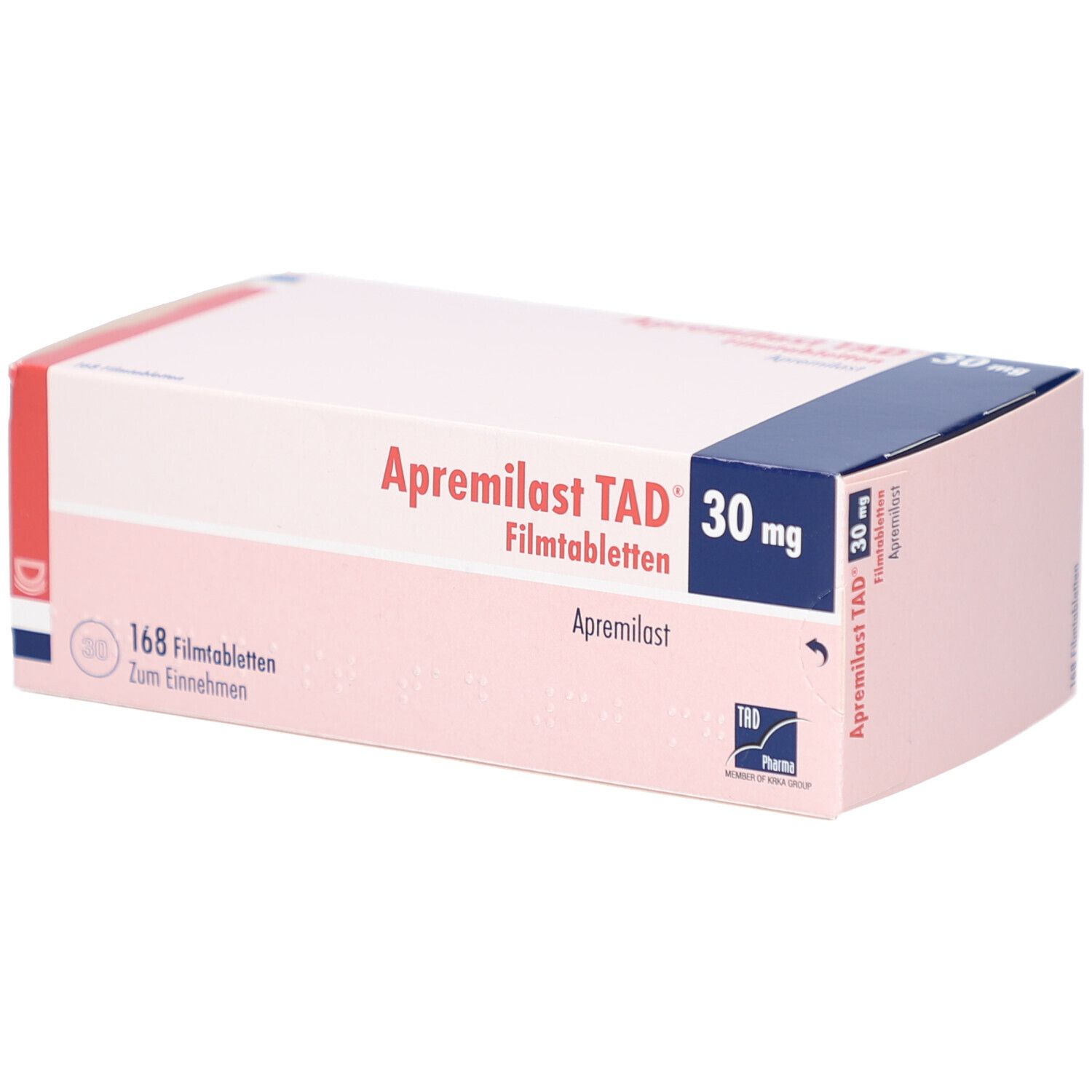 Schachtel mit APREMILAST TAD 30 mg Filmtabletten. Rosa-weiß, blaue Akzente. Aufschrift: APREMILAST TAD 30 mg Filmtabletten.