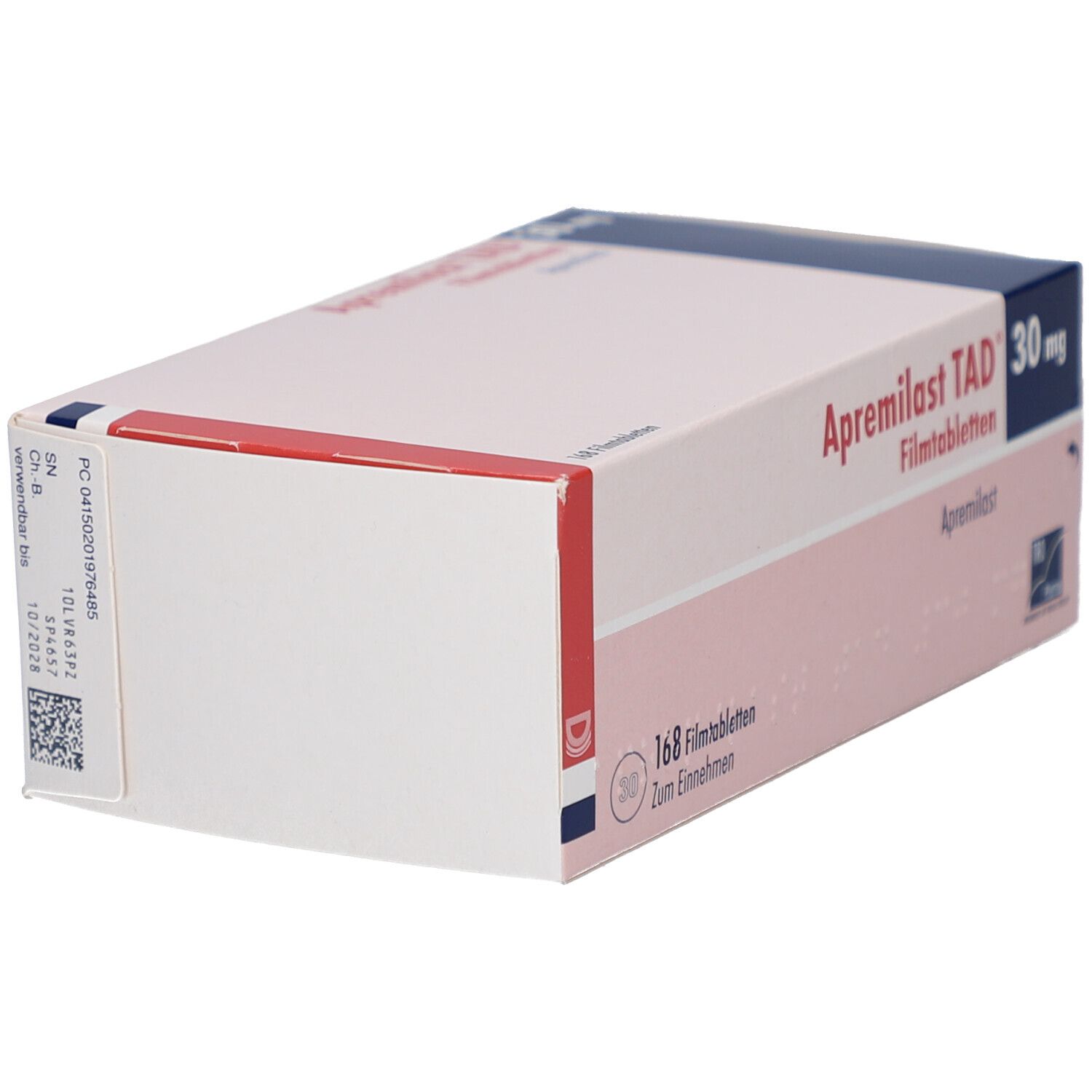 Schachtel APREMILAST TAD 30 mg Filmtabletten, Seitenansicht. Rosa-weiß, blaue Akzente. Aufschrift: APREMILAST TAD 30 mg Filmtabletten.