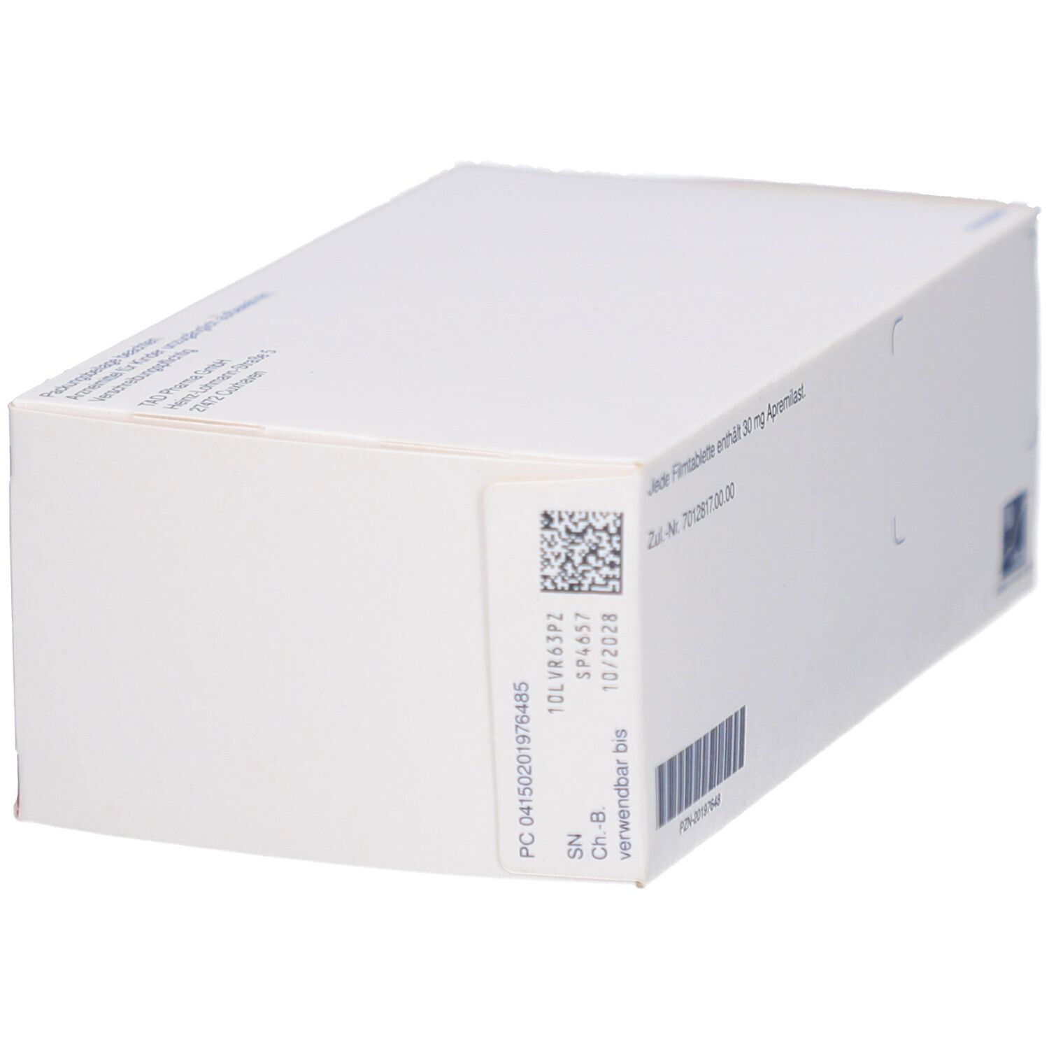 Weiße Schachtel mit Text und Barcode. Aufschrift: Jede Filmtablette enthält 30 mg Apremilast. PZN-Code und Logo.