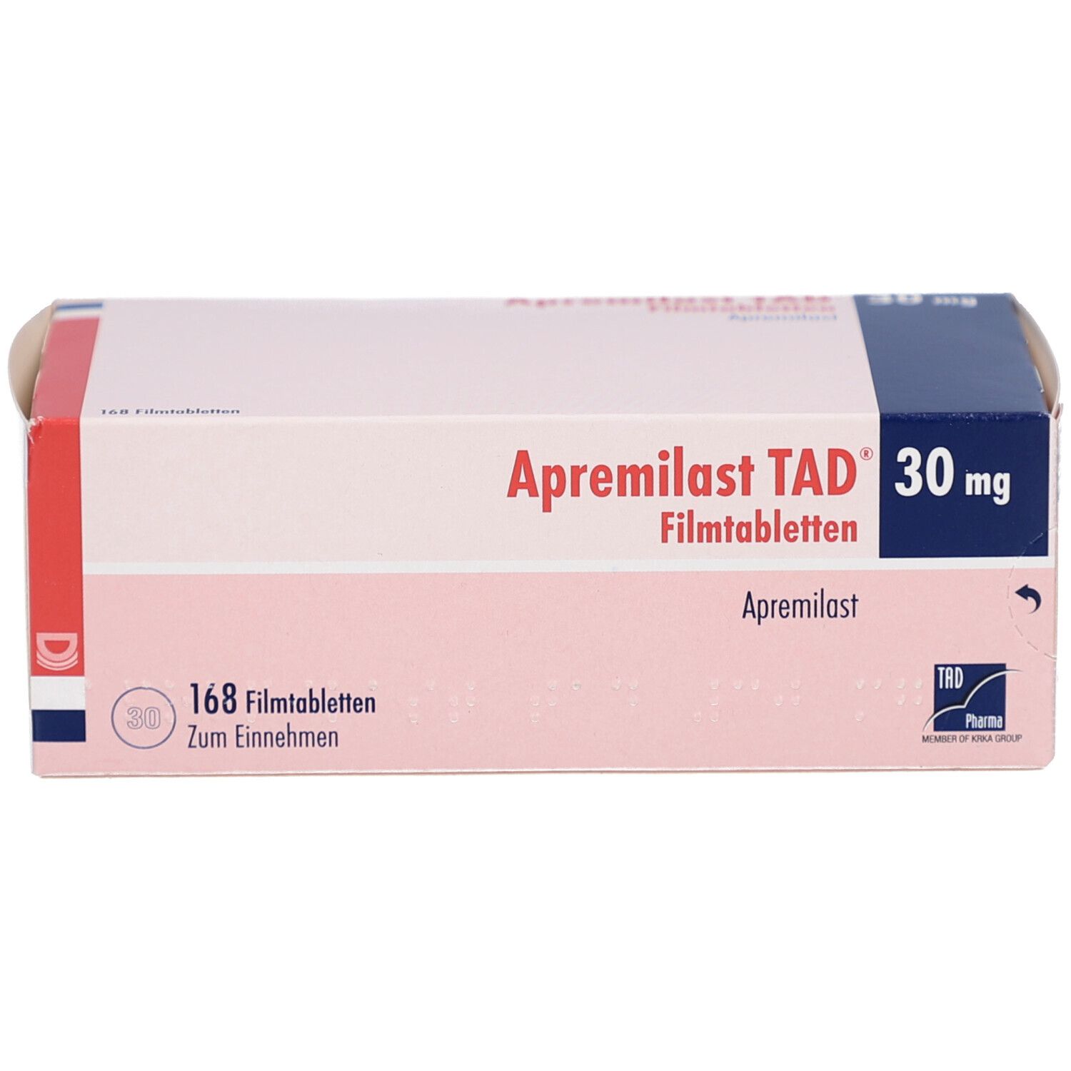 Schachtel APREMILAST TAD 30 mg Filmtabletten. Rosa-weiß, blaue Akzente. Aufschrift: APREMILAST TAD 30 mg Filmtabletten.
