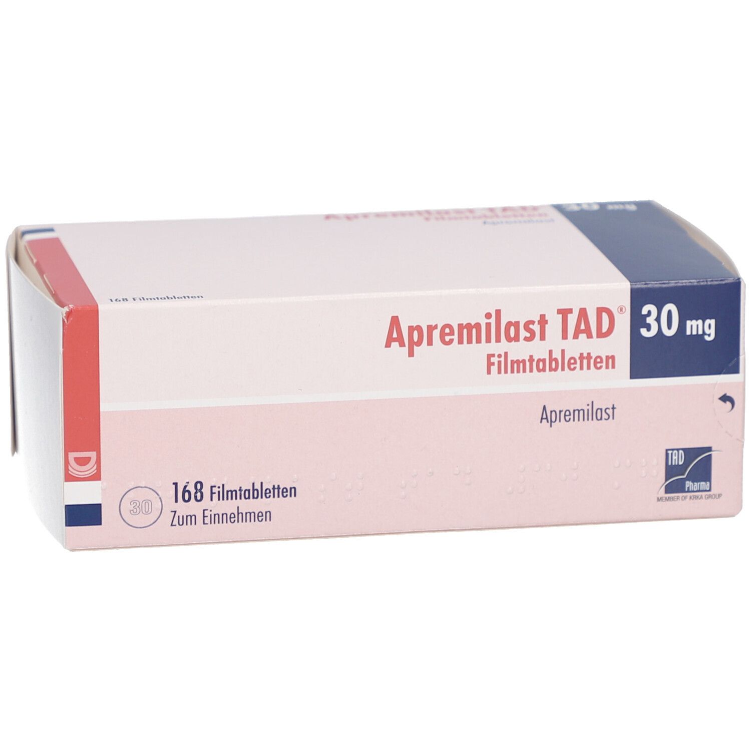Schachtel APREMILAST TAD 30 mg Filmtabletten. Rosa-weiß, blaue Akzente. Aufschrift: APREMILAST TAD 30 mg Filmtabletten.