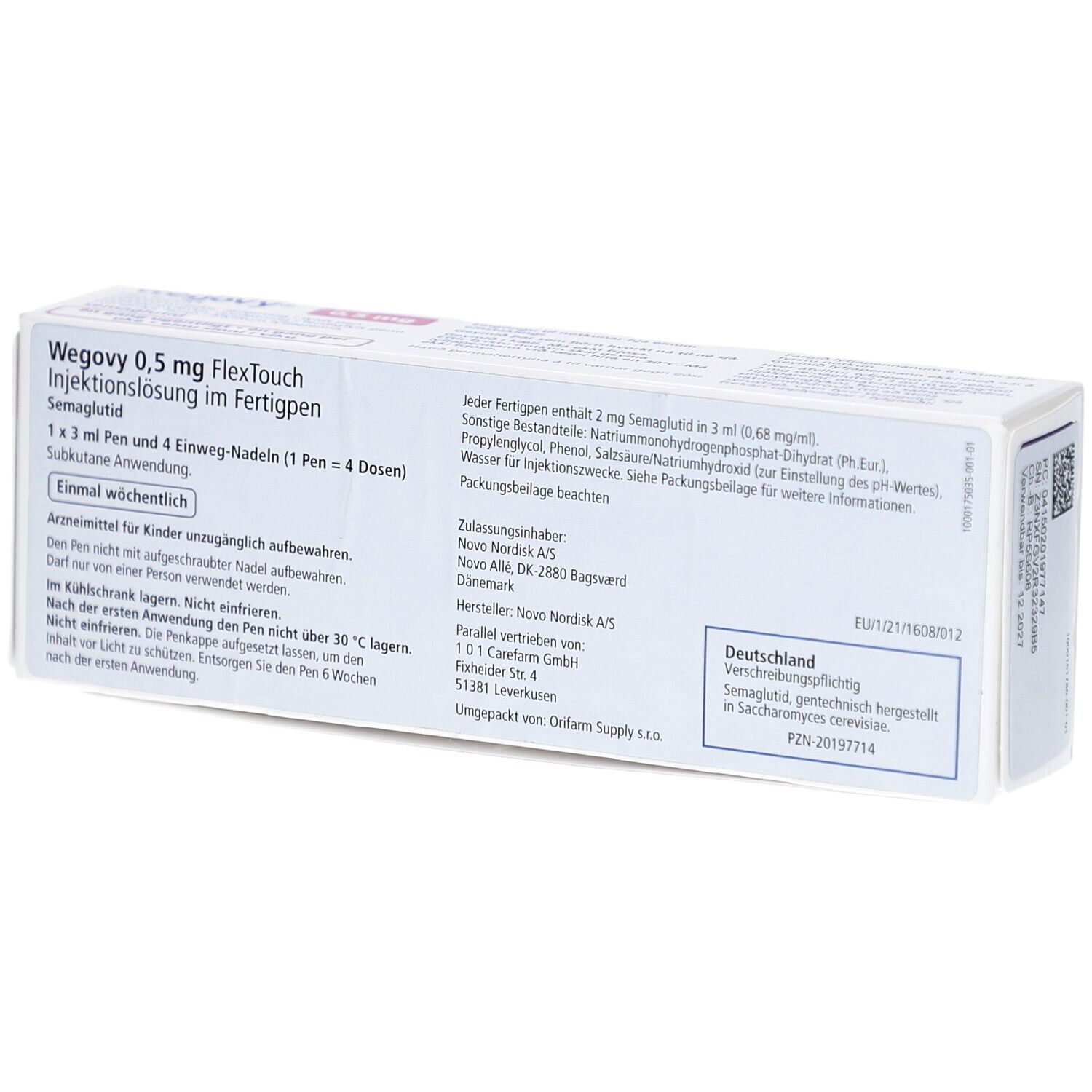 Rückseite der Wegovy 0,5 mg Verpackung. Textinformationen. Hersteller: Novo Nordisk. Enthält 1x3 ml Pen und 4 Einweg-Nadeln.