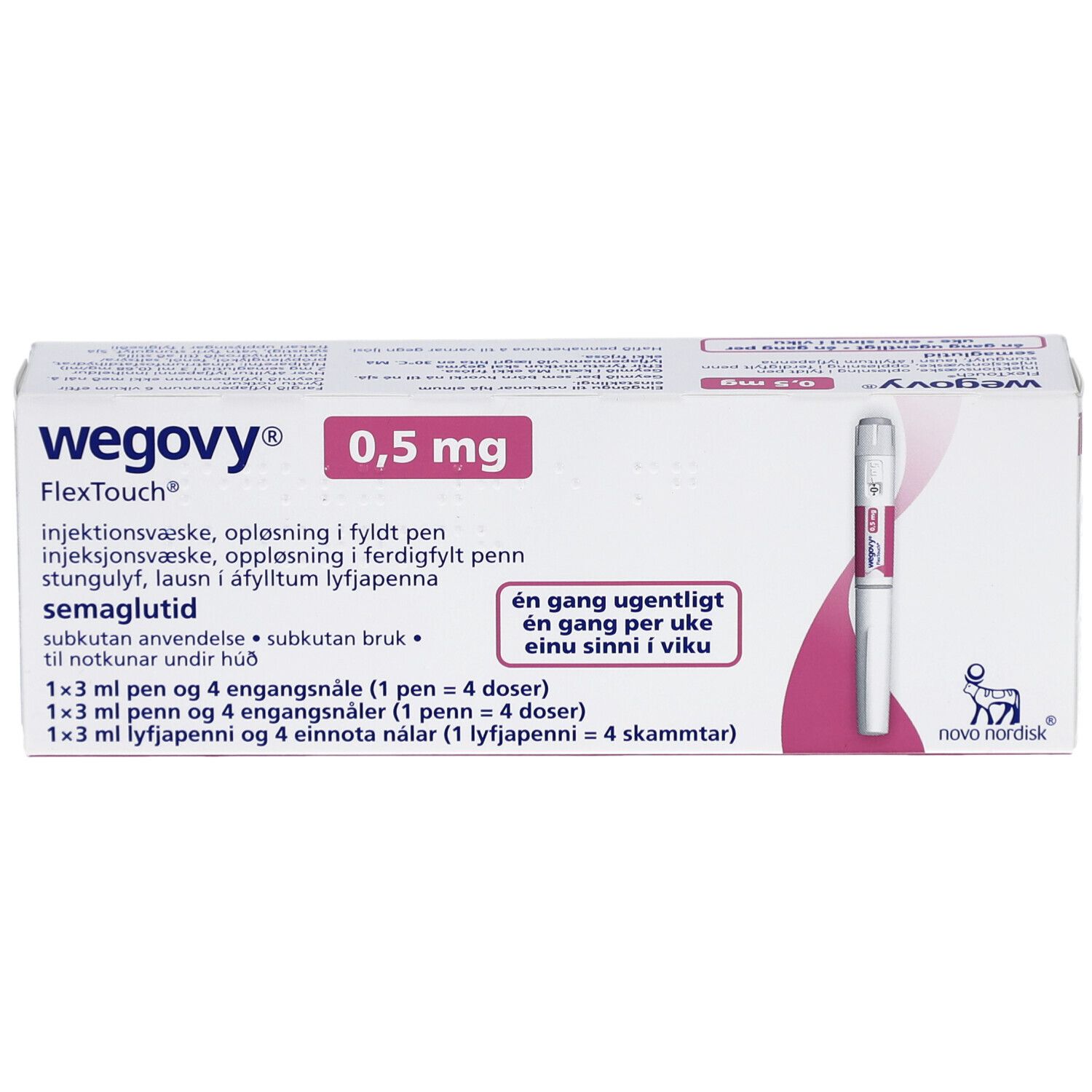 Wegovy 0,5 mg Verpackung. Enthält Injektionslösung und Fertigpen. Rosa Akzent. Novo Nordisk Logo. Fertigpen abgebildet.