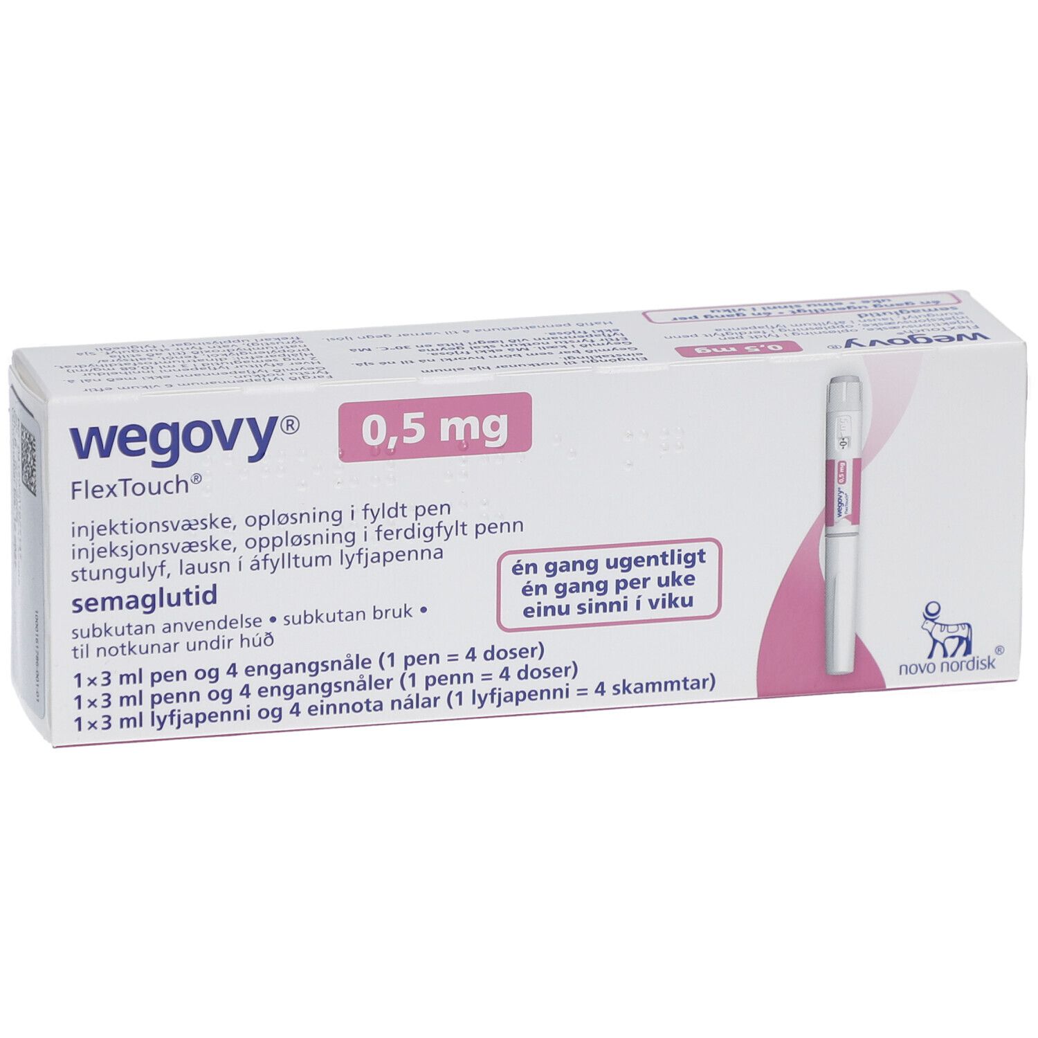 Wegovy 0,5 mg Verpackung. Enthält Injektionslösung und Fertigpen. Rosa Akzent. Novo Nordisk Logo.