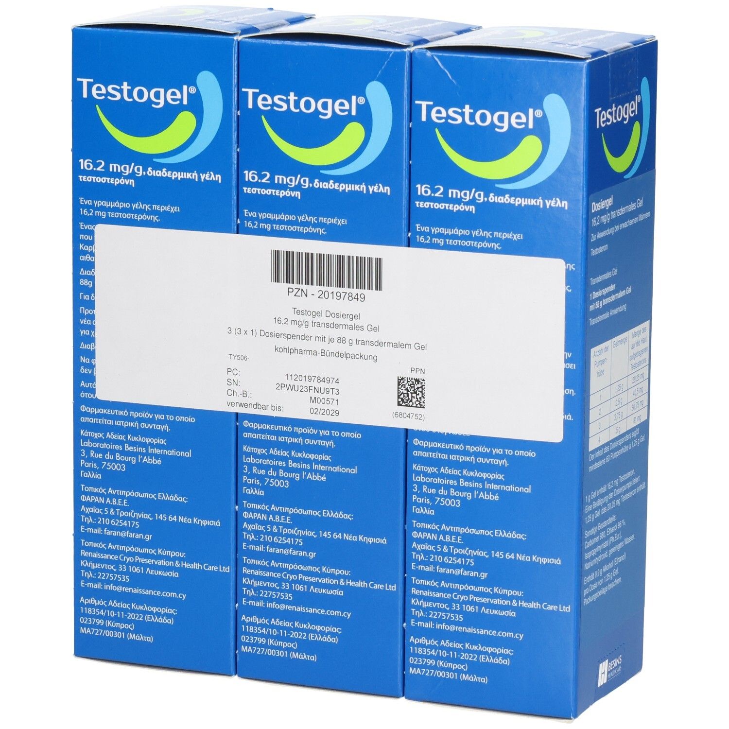Drei Packungen Testogel 16,2 mg/g transdermales Gel, Vorderansicht.
