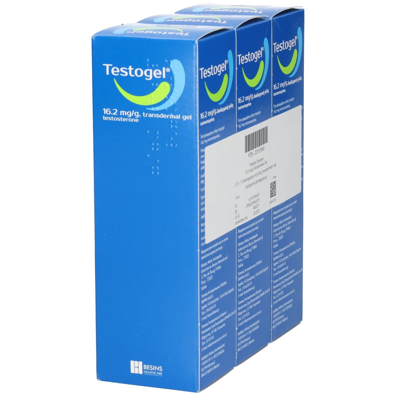 Drei Packungen Testogel 16,2 mg/g transdermales Gel, Seitenansicht.