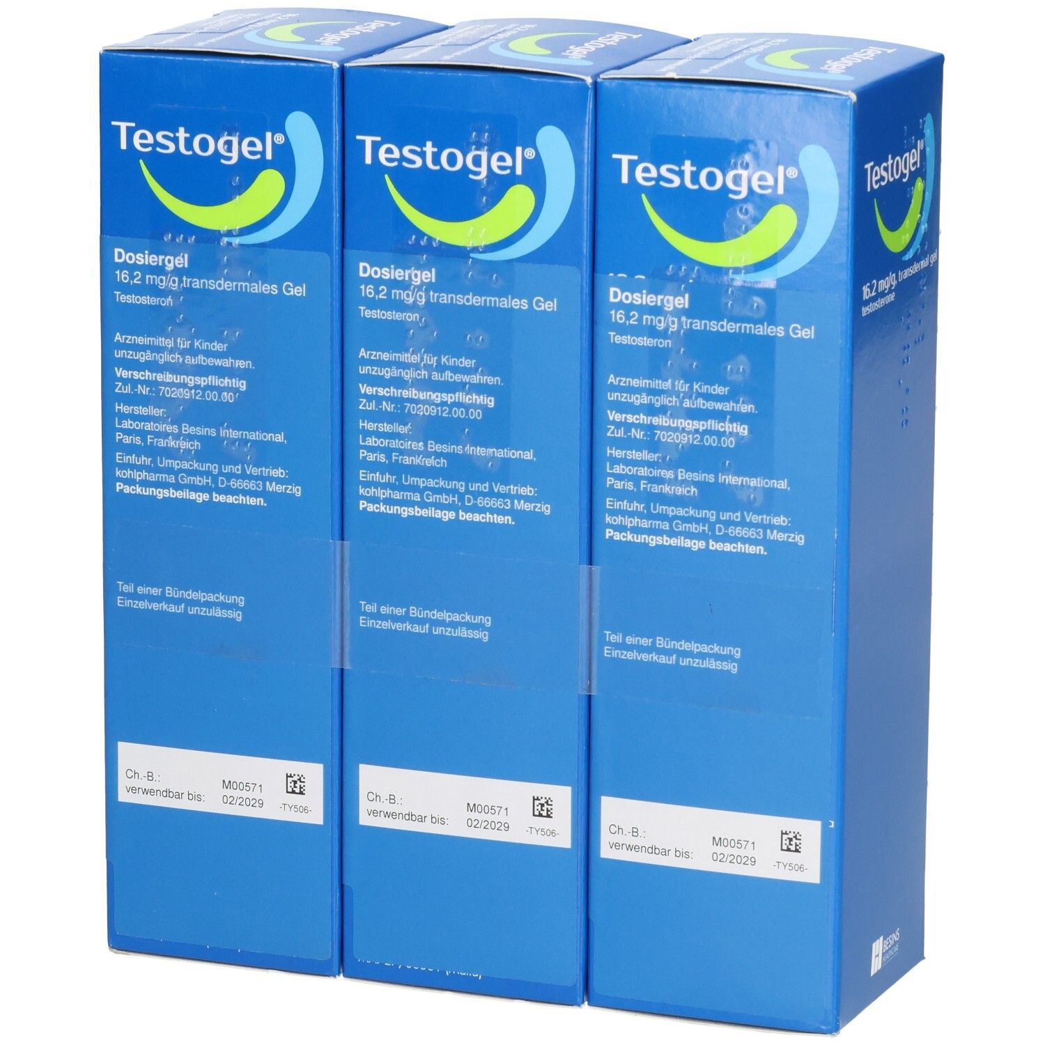 Drei Packungen Testogel 16,2 mg/g transdermales Gel, Rückansicht.