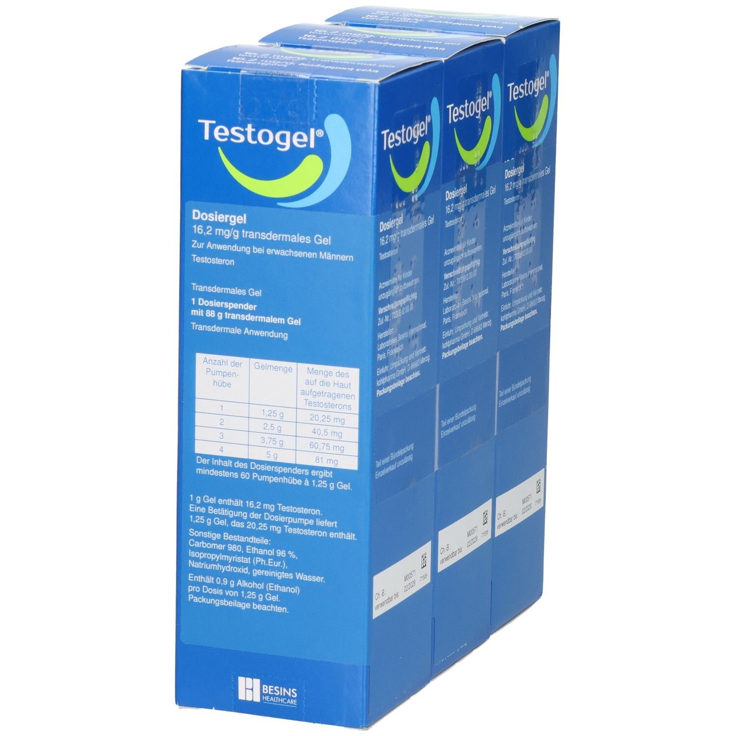Drei Packungen Testogel 16,2 mg/g transdermales Gel, Rückansicht mit Details.