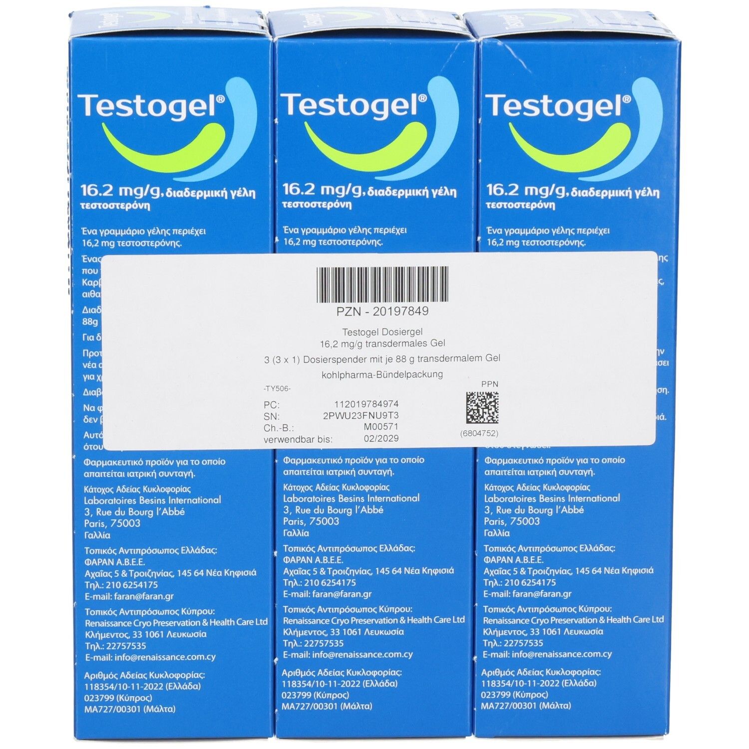 Drei Packungen Testogel 16,2 mg/g transdermales Gel, Vorderansicht mit Etikett.