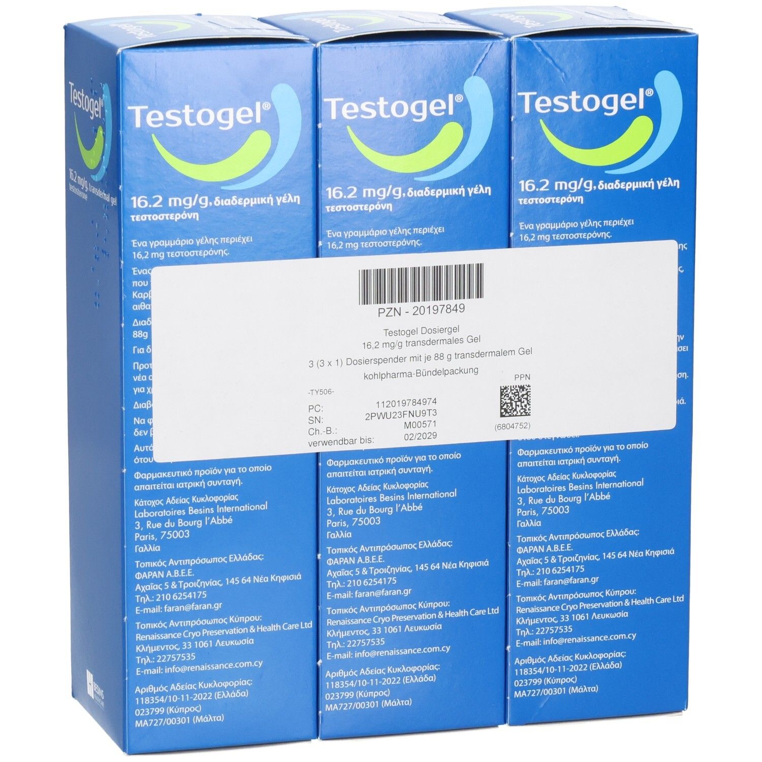 Drei Packungen Testogel 16,2 mg/g transdermales Gel, Rückansicht mit Etikett.