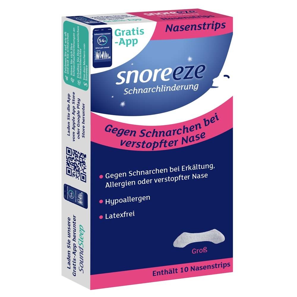 Snoreeze Nasenstrips Groß Packung mit 10 Stück zur Linderung von Schnarchen bei verstopfter Nase.