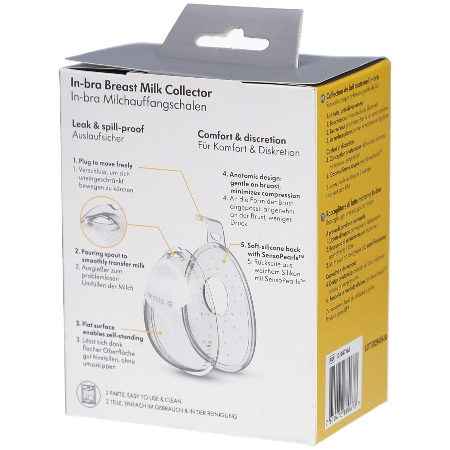 Verpackung mit Produktabbildung. Produktname: In-bra Milchauffangschalen. Abbildung der Einzelteile. Text in Deutsch.