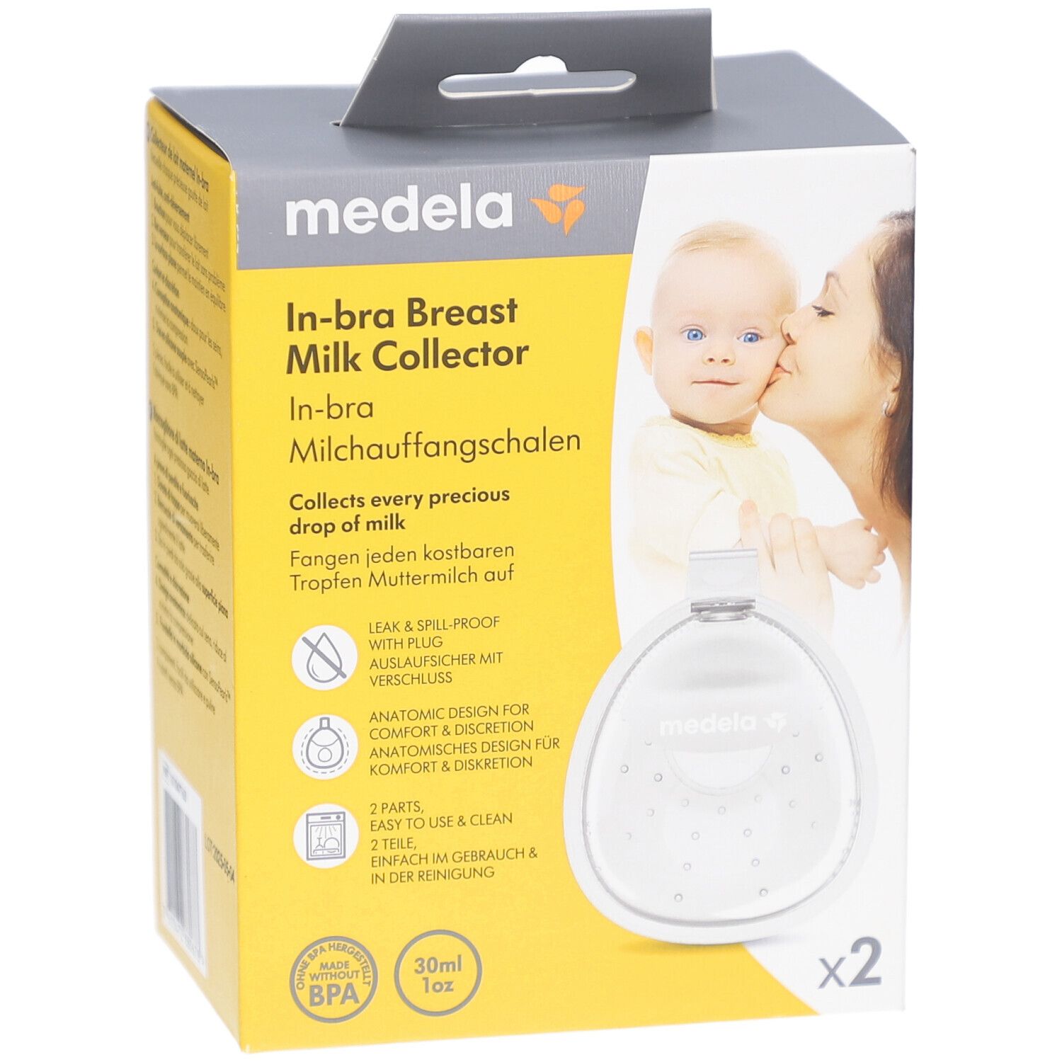 Verpackung mit Produktabbildung. Aufschrift: medela In-bra Milchauffangschalen. Enthält zwei Stück. BPA-frei.