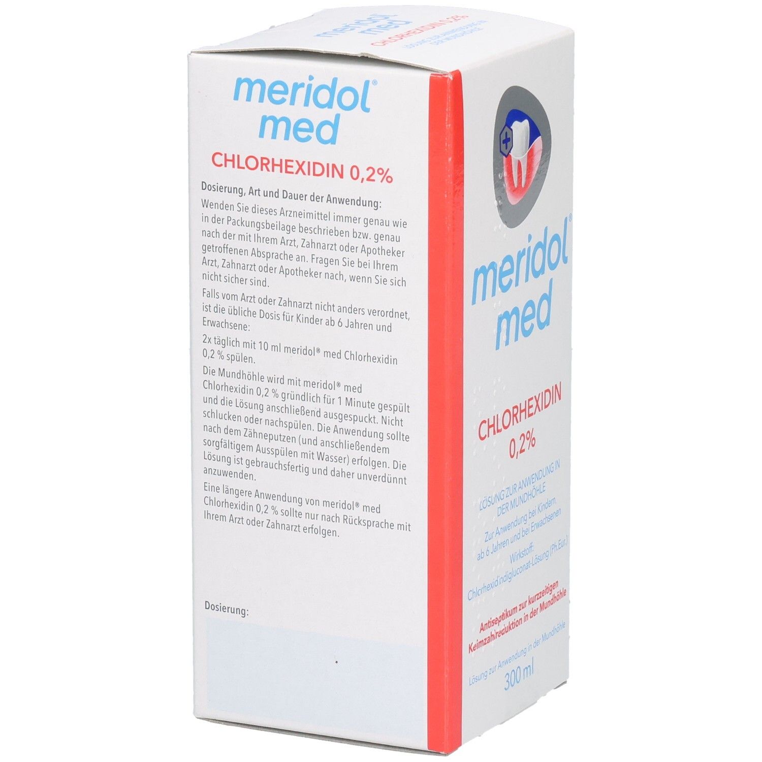 Weiße Faltschachtel mit "meridol med"-Logo und Text. Enthält Chlorhexidin 0,2% Lösung. Roter Streifen an der Seite. Zahn-Symbol.