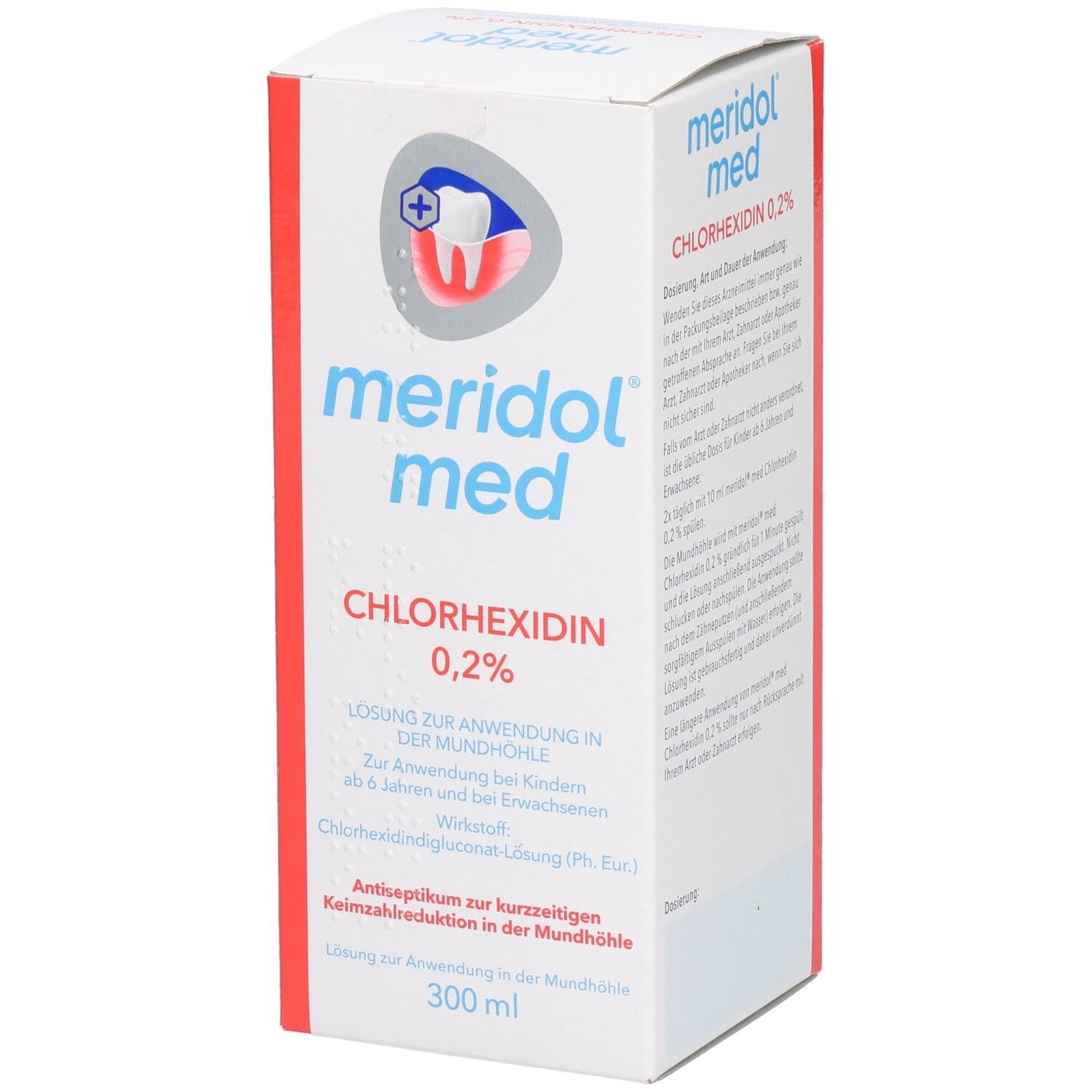 Weiße Faltschachtel mit "meridol med"-Logo und Produktinformationen. Enthält Chlorhexidin 0,2% Lösung. Zahn-Symbol.
