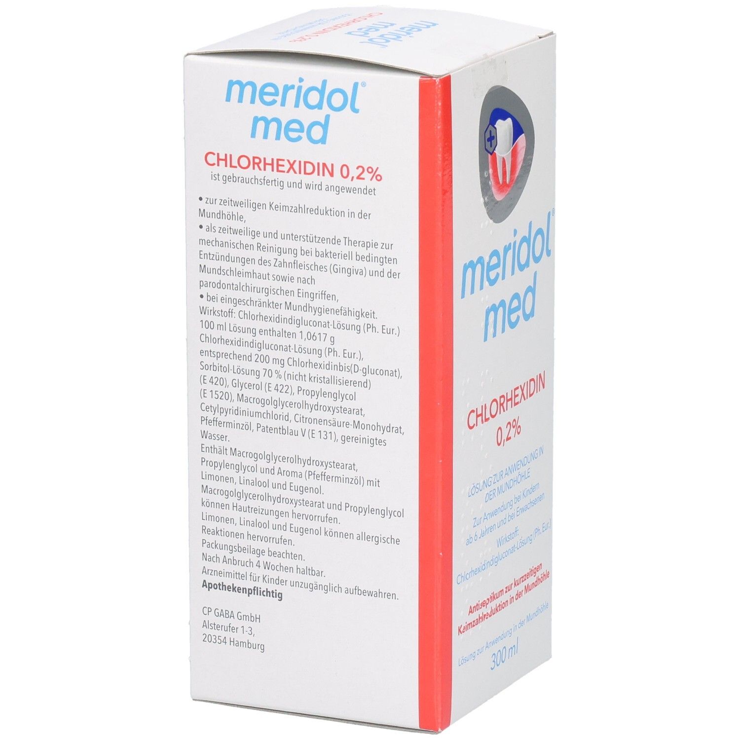 Weiße Faltschachtel mit "meridol med"-Logo und Text. Enthält Chlorhexidin 0,2% Lösung. Roter Streifen an der Seite. Zahn-Symbol.