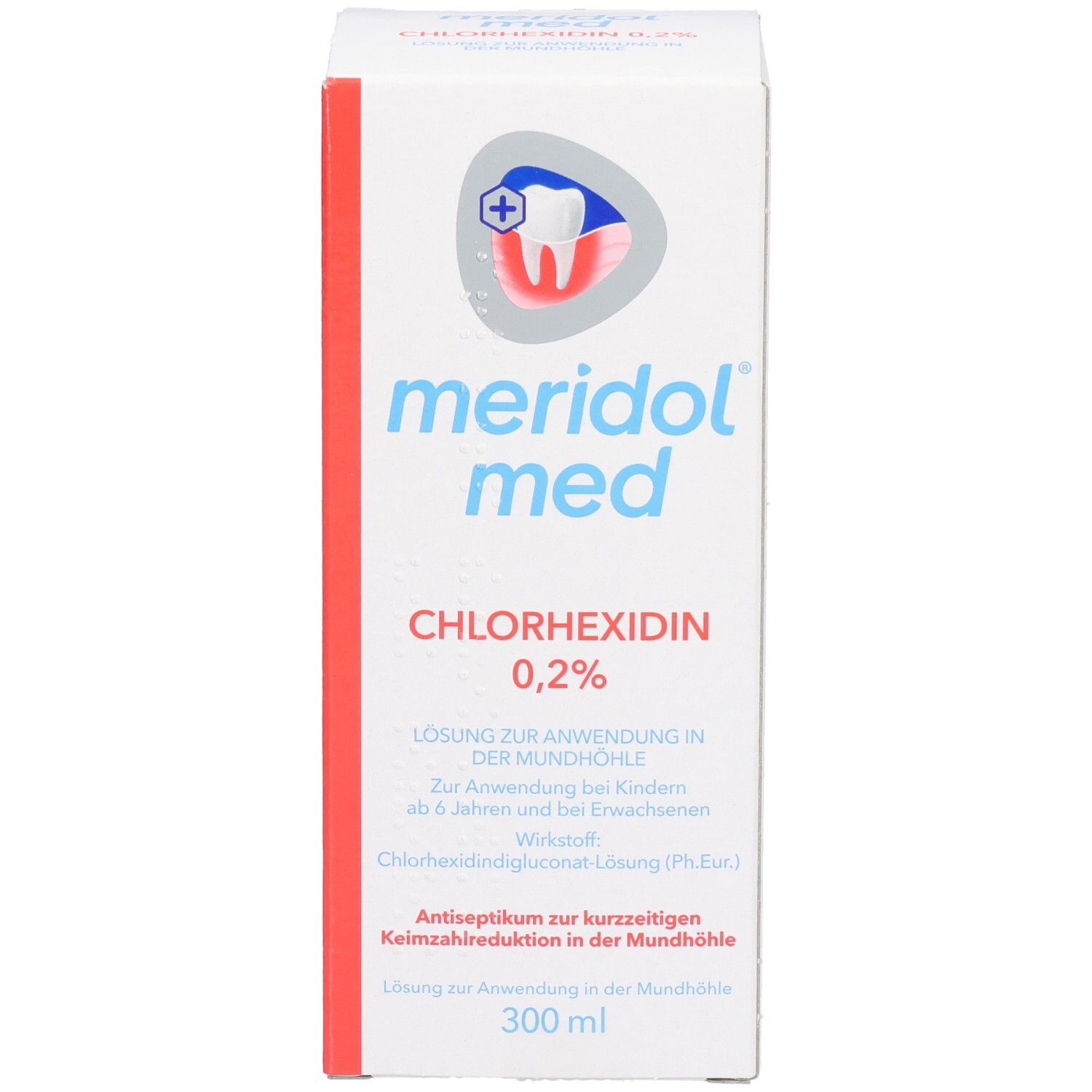 Weiße Faltschachtel mit "meridol med"-Logo und Text. Enthält Chlorhexidin 0,2% Lösung. Roter Streifen an der Seite. Zahn-Symbol.