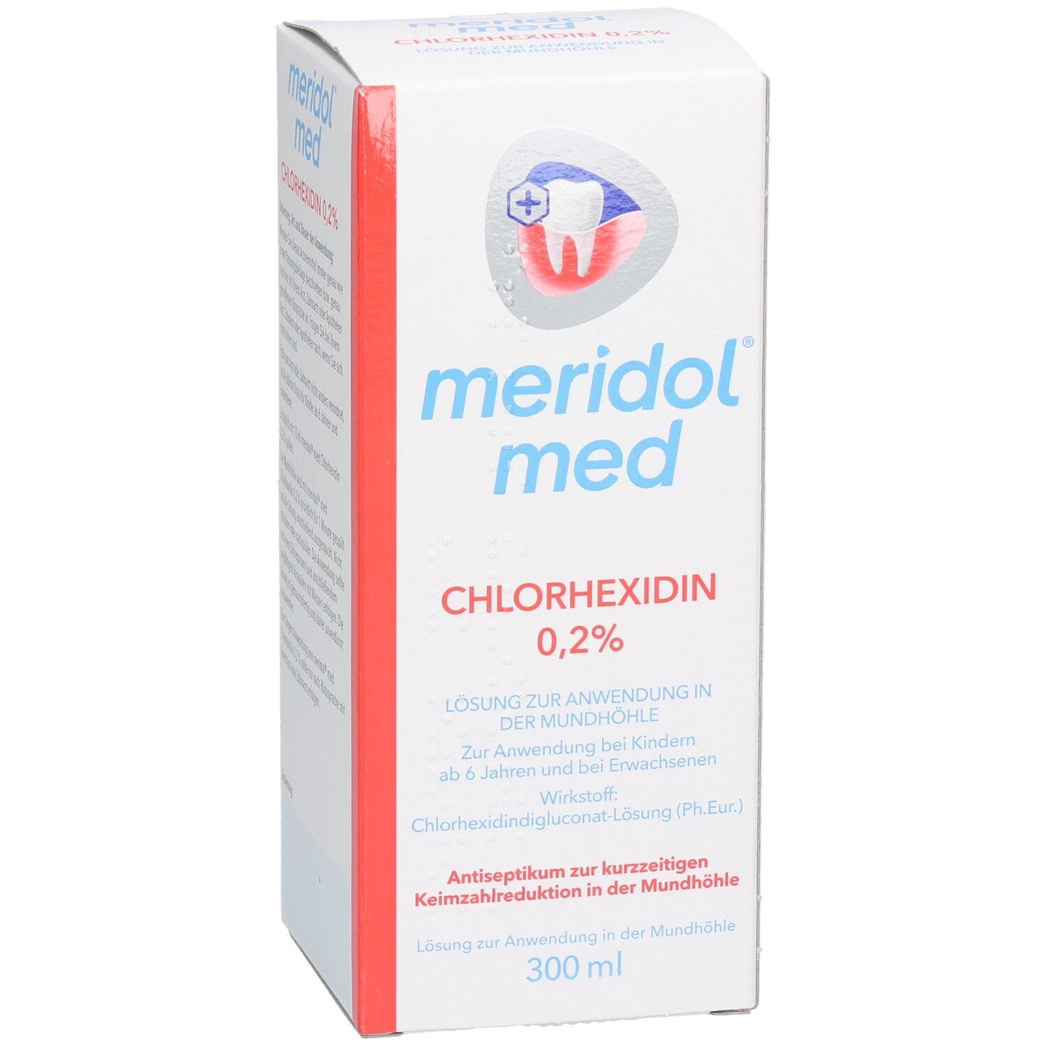 Weiße Faltschachtel mit "meridol med"-Logo und Text. Enthält Chlorhexidin 0,2% Lösung. Roter Streifen an der Seite. Zahn-Symbol.