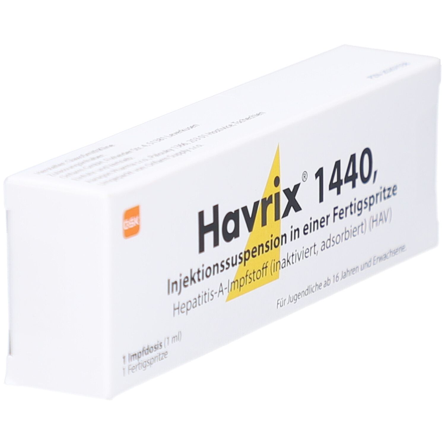 Weiße Schachtel mit HAVRIX 1440. Gelbes Dreieck. Text: Injektionssuspension in Fertigspritze. Für Jugendliche ab 16 Jahren.