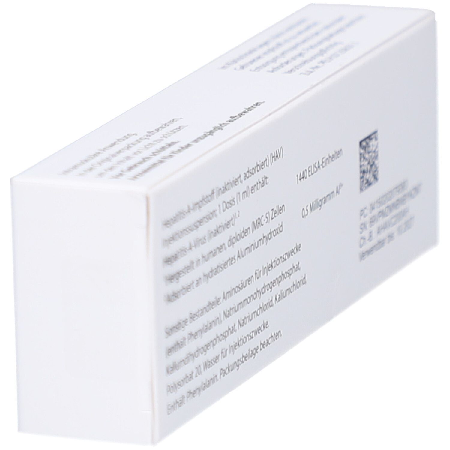 Schachtel, schräg von hinten. Text: Hepatitis-A-Impfstoff, 1 Dosis (1 ml) enthält... 1440 ELISA-Einheiten. Verwendbar bis 10.2027.