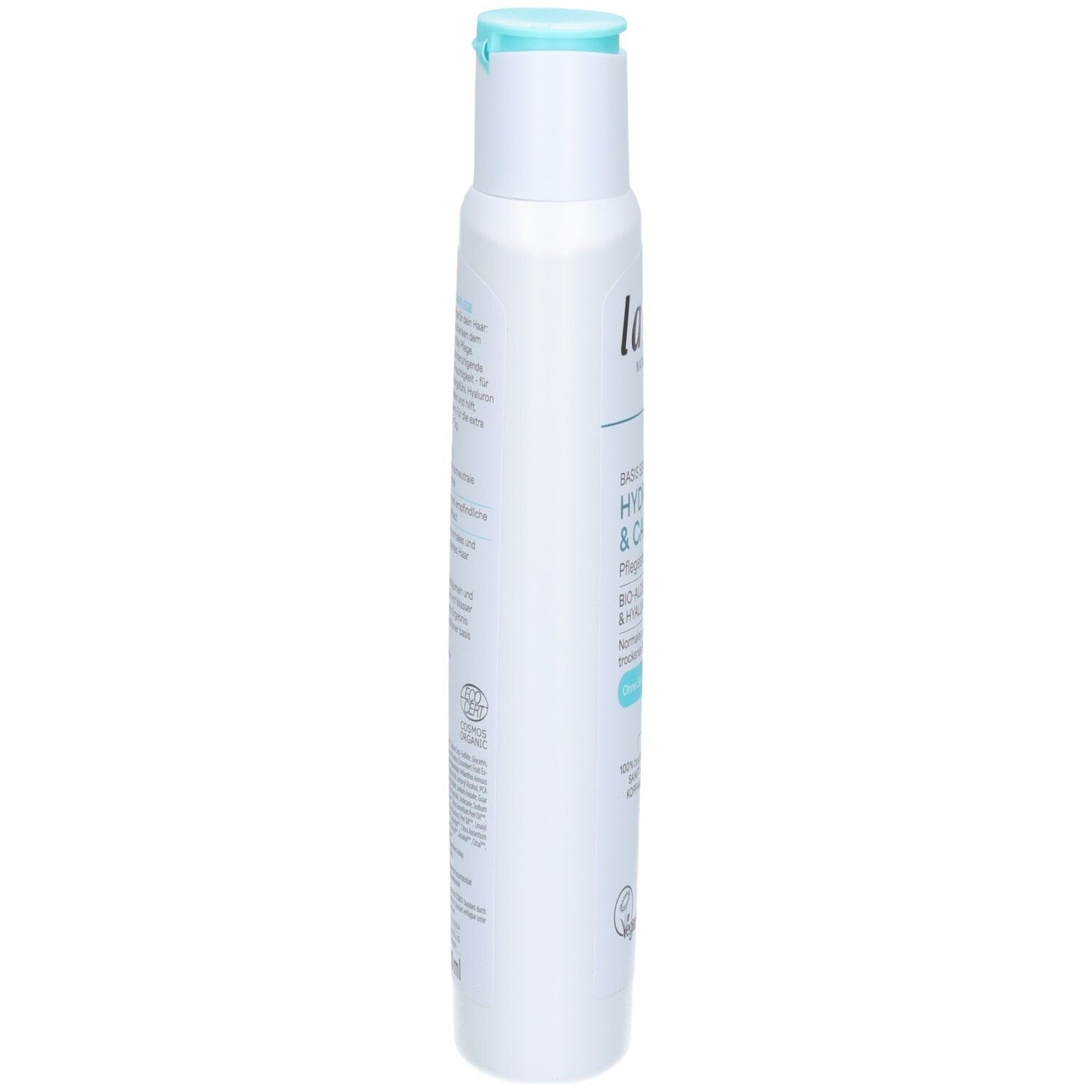 Seitenansicht der Flasche Lavera Basis Sensitiv Hydrate & Care Pflegeshampoo.