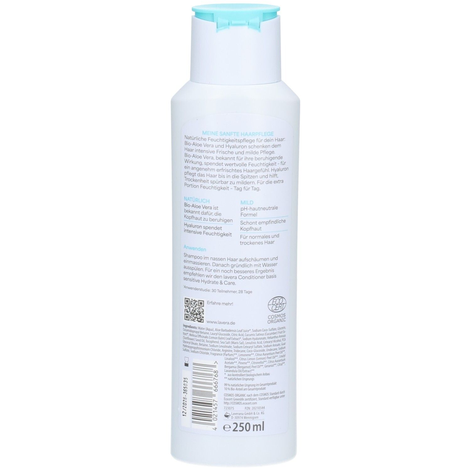 Rückseite der Flasche Lavera Basis Sensitiv Hydrate & Care Pflegeshampoo, 250 ml.