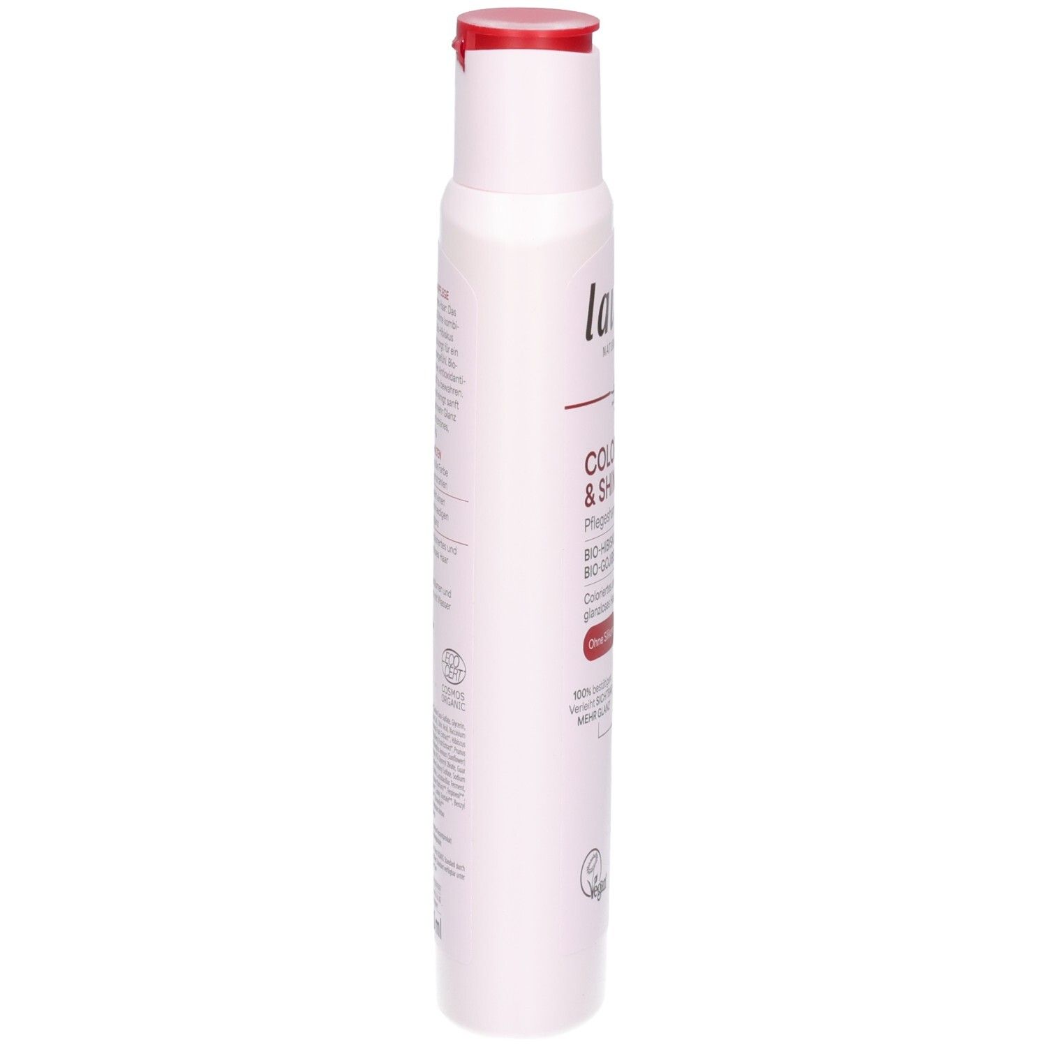 Seitenansicht der Lavera Color & Shine Pflegeshampoo Flasche.
