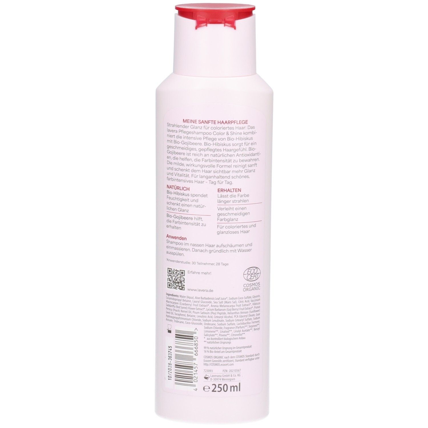Rückseite der Lavera Color & Shine Pflegeshampoo Flasche mit Produktinformationen und QR-Code.