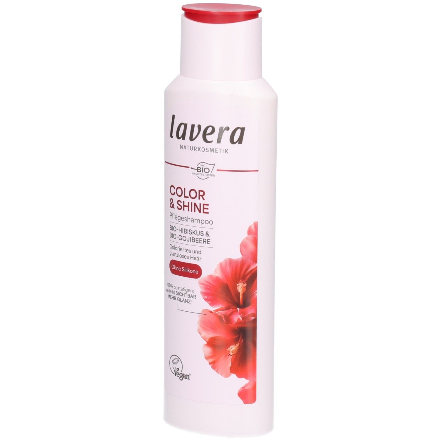 Lavera Color & Shine Pflegeshampoo Flasche mit rotem Deckel und Hibiskus-Motiv.