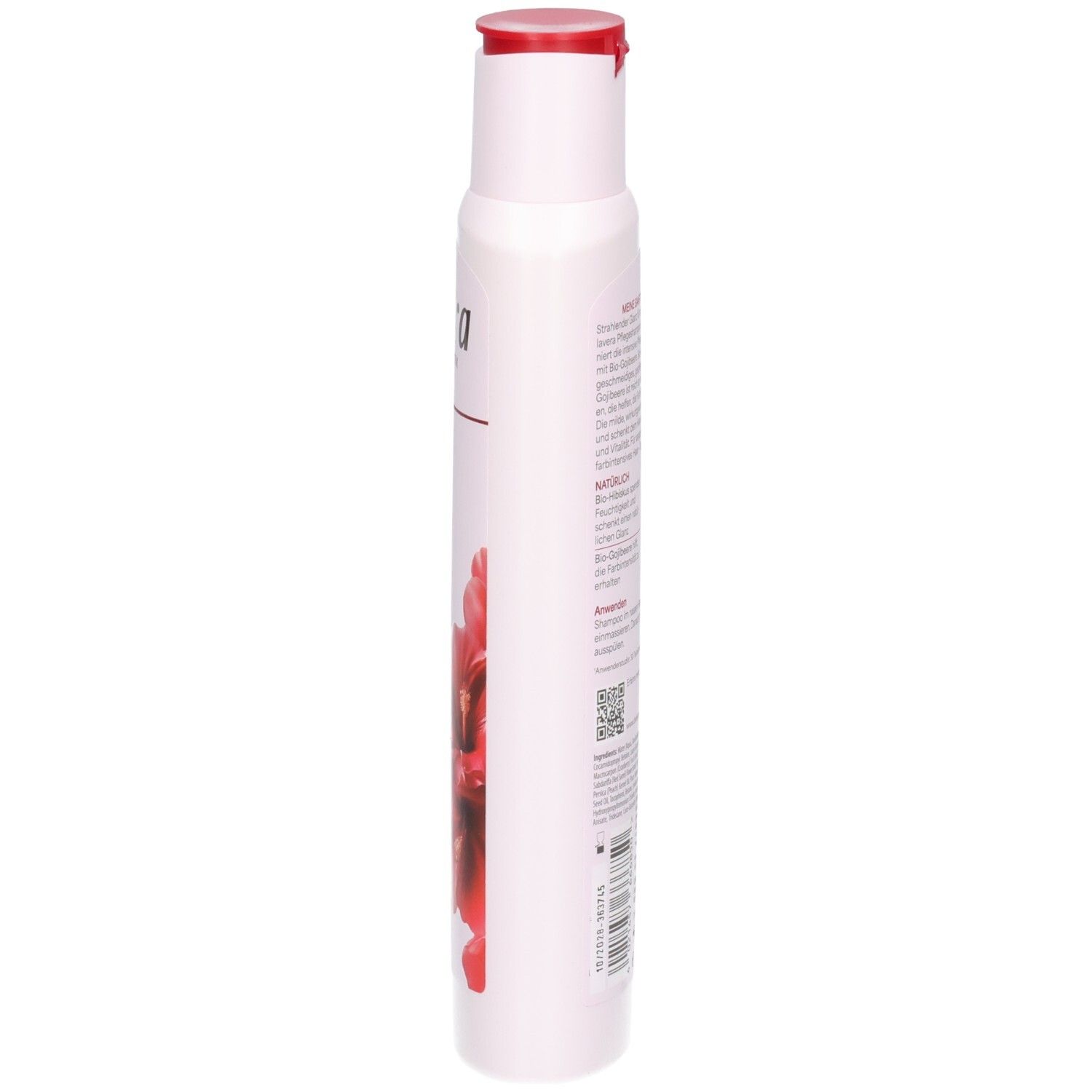 Seitenansicht der Lavera Color & Shine Pflegeshampoo Flasche.
