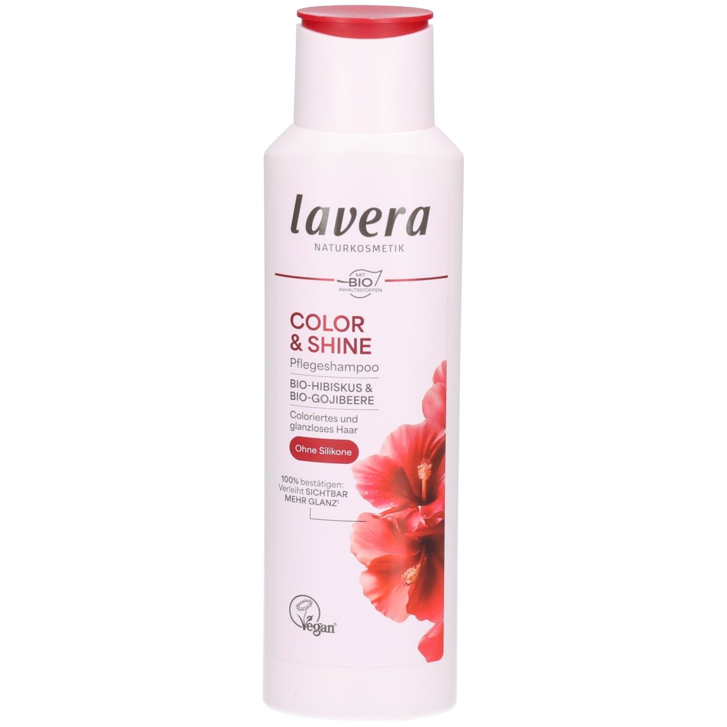 Lavera Color & Shine Pflegeshampoo Flasche mit rotem Deckel und Hibiskus-Motiv.