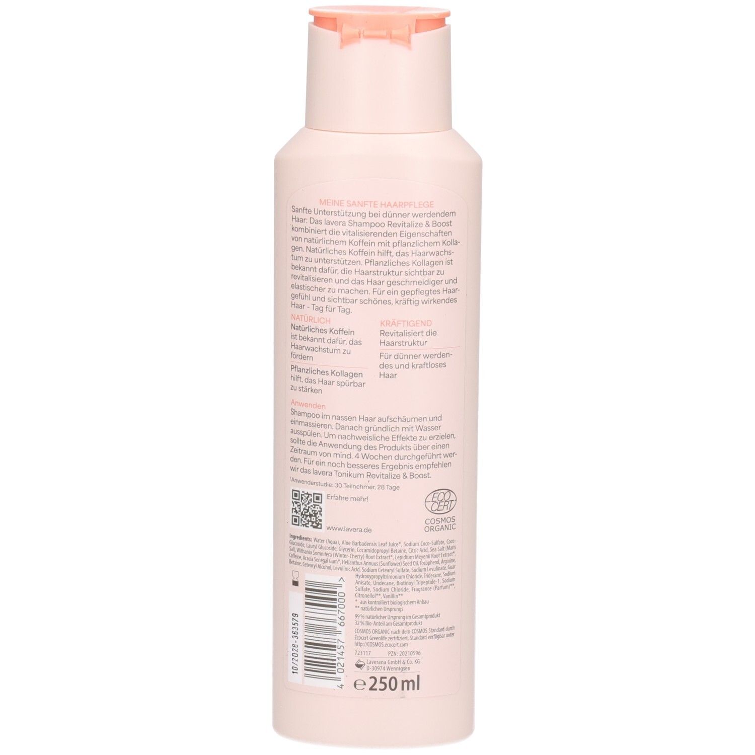 Helle rosa Flasche mit Pfirsich-farbenem Verschluss. Enthält 250 ml.