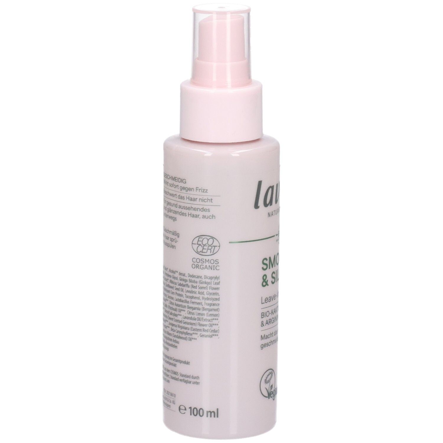 Rückseite der Lavera Leave-In Spray Smooth & Silk Flasche mit Inhaltsstoffen und ECO CERT COSMOS ORGANIC Siegel.