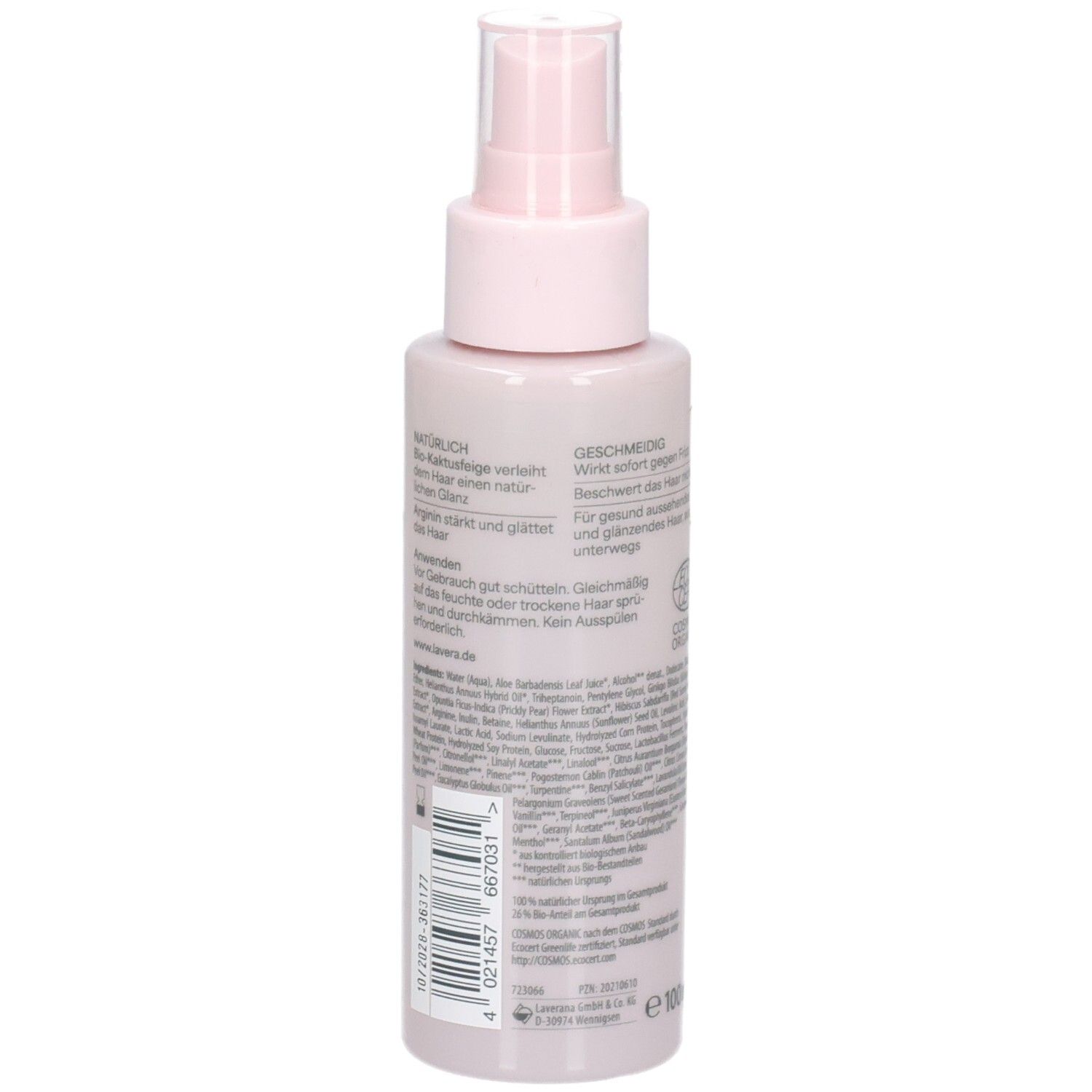 Seitenansicht der Lavera Leave-In Spray Smooth & Silk Flasche mit Barcode und Mengenangabe 100 ml.