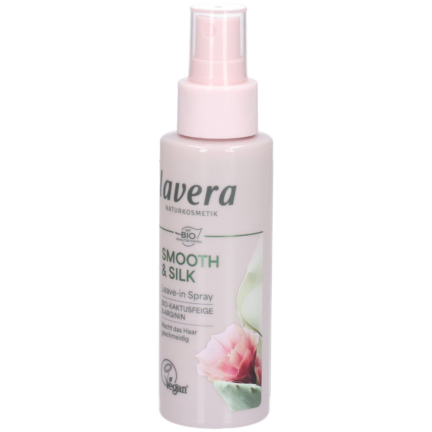 Lavera Leave-In Spray Smooth & Silk in rosa Flasche mit Pumpspender und floralem Design. Bio-Kaktusfeige & Arginin.