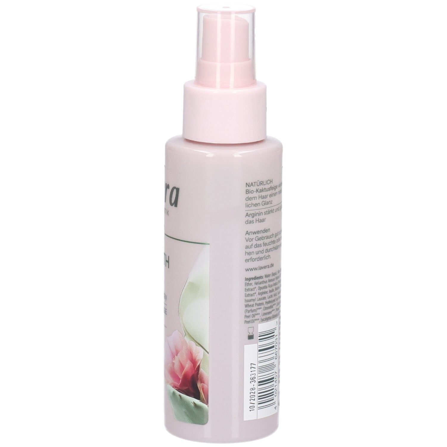 Seitenansicht der Lavera Leave-In Spray Smooth & Silk Flasche mit Text und floralem Motiv. Vegan-Siegel sichtbar.