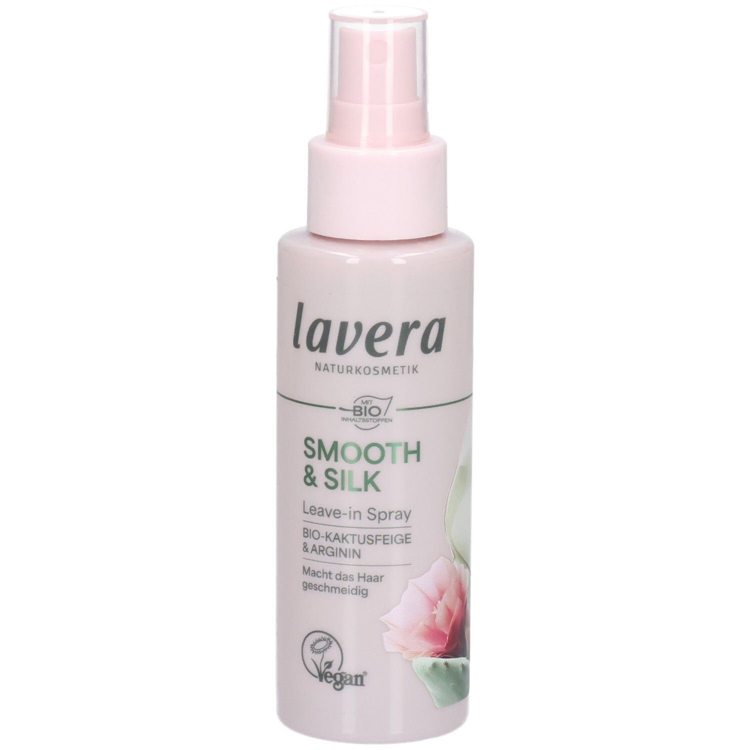 Lavera Leave-In Spray Smooth & Silk, rosa Flasche mit Pumpspender. Enthält Bio-Kaktusfeige & Arginin. Vegan.