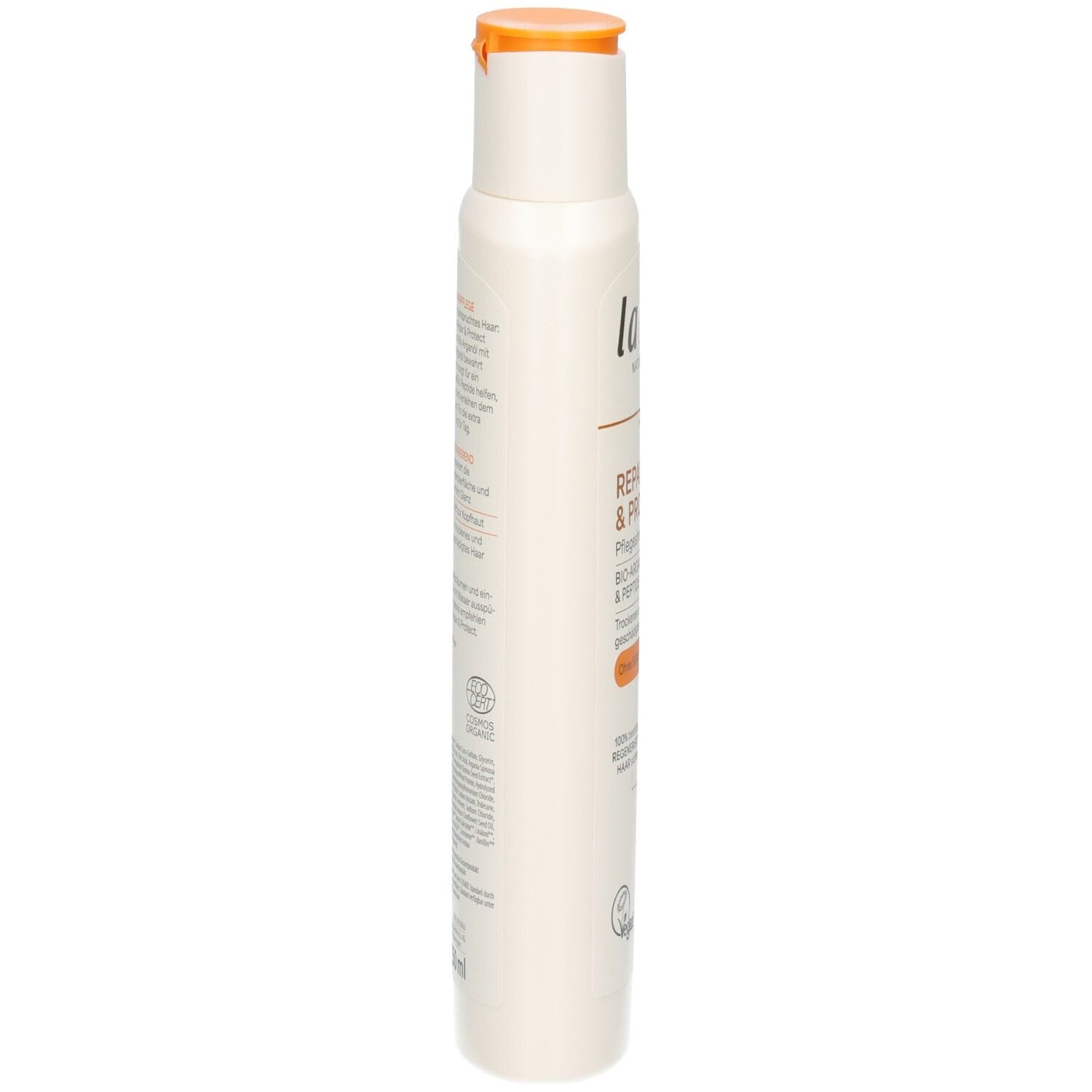 Lavera Repair & Protect Pflegeshampoo, Seitenansicht. Flasche mit orangefarbenem Klappdeckel.