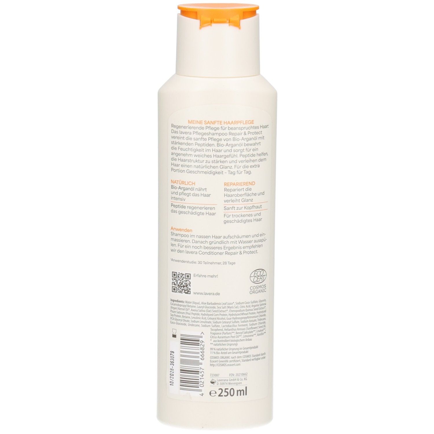 Rückseite des Lavera Repair & Protect Pflegeshampoos mit Inhaltsangaben und 250ml Angabe.