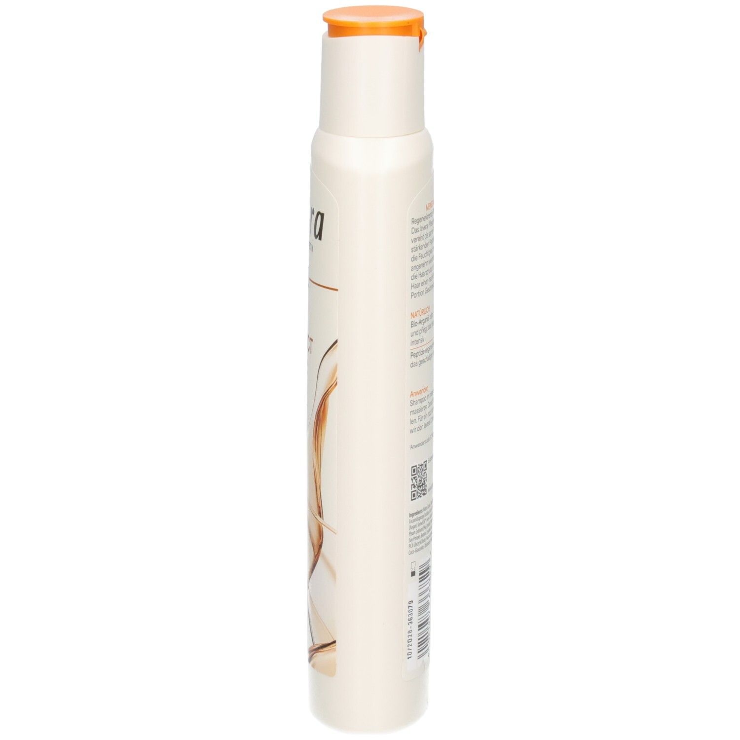 Lavera Repair & Protect Pflegeshampoo, Seitenansicht. Flasche mit orangefarbenem Klappdeckel.