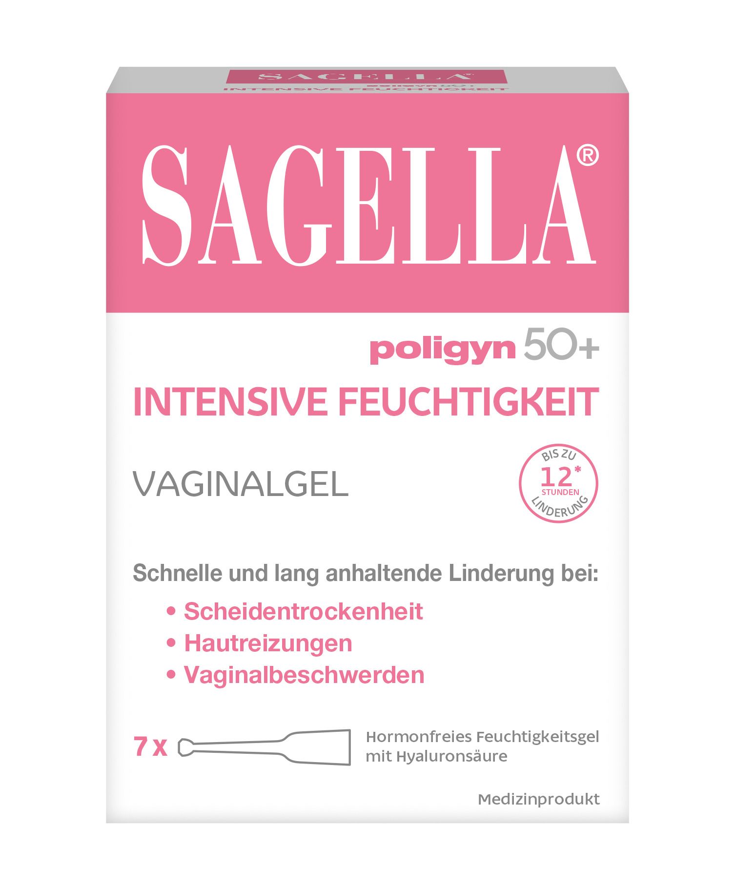 Verpackung von SAGELLA poligyn 50+ Intensiv Feuchtigkeit Vaginalgel mit 7 Applikatoren.