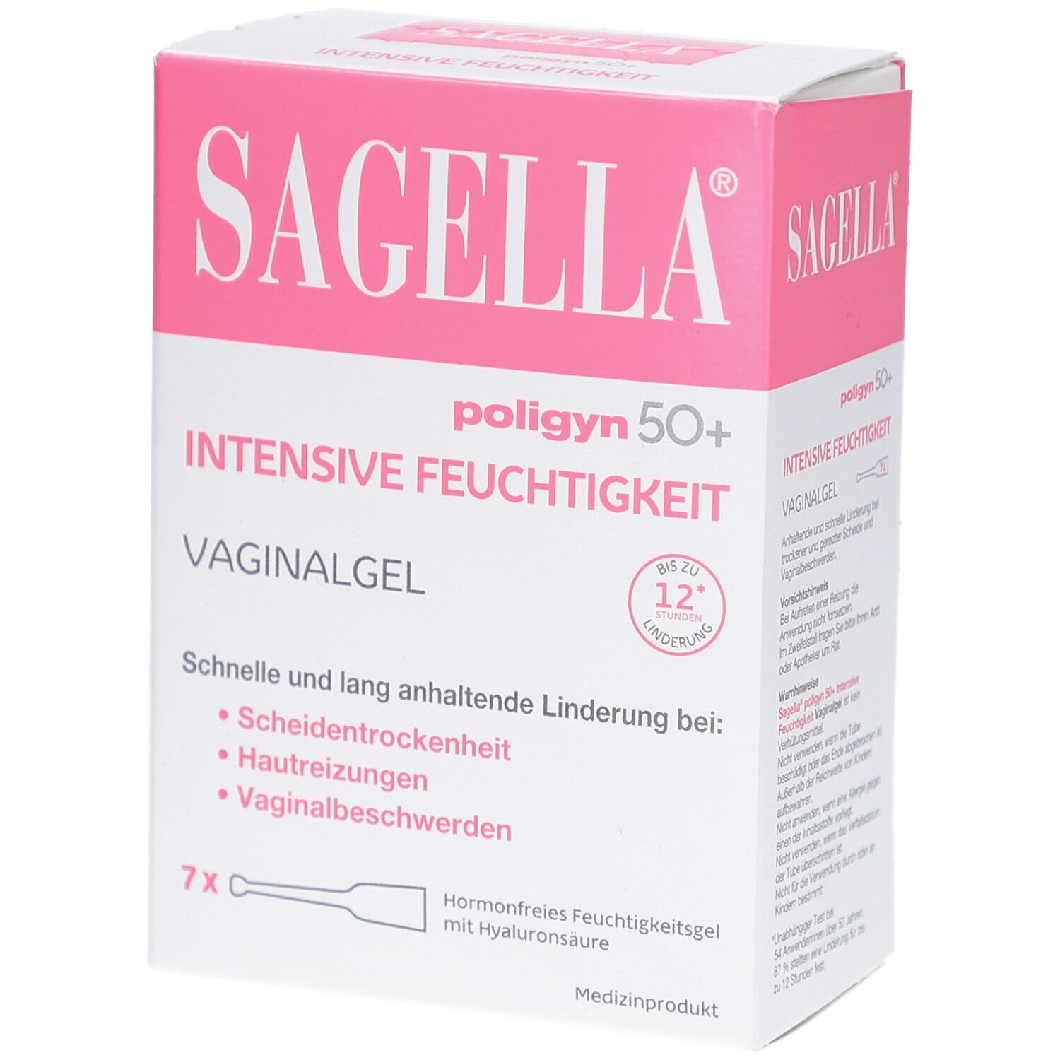 Karton von SAGELLA® poligyn 50+ Vaginalgel. Rosa-weiße Verpackung mit Produktnamen und Inhaltsangaben. 7 Applikatoren.