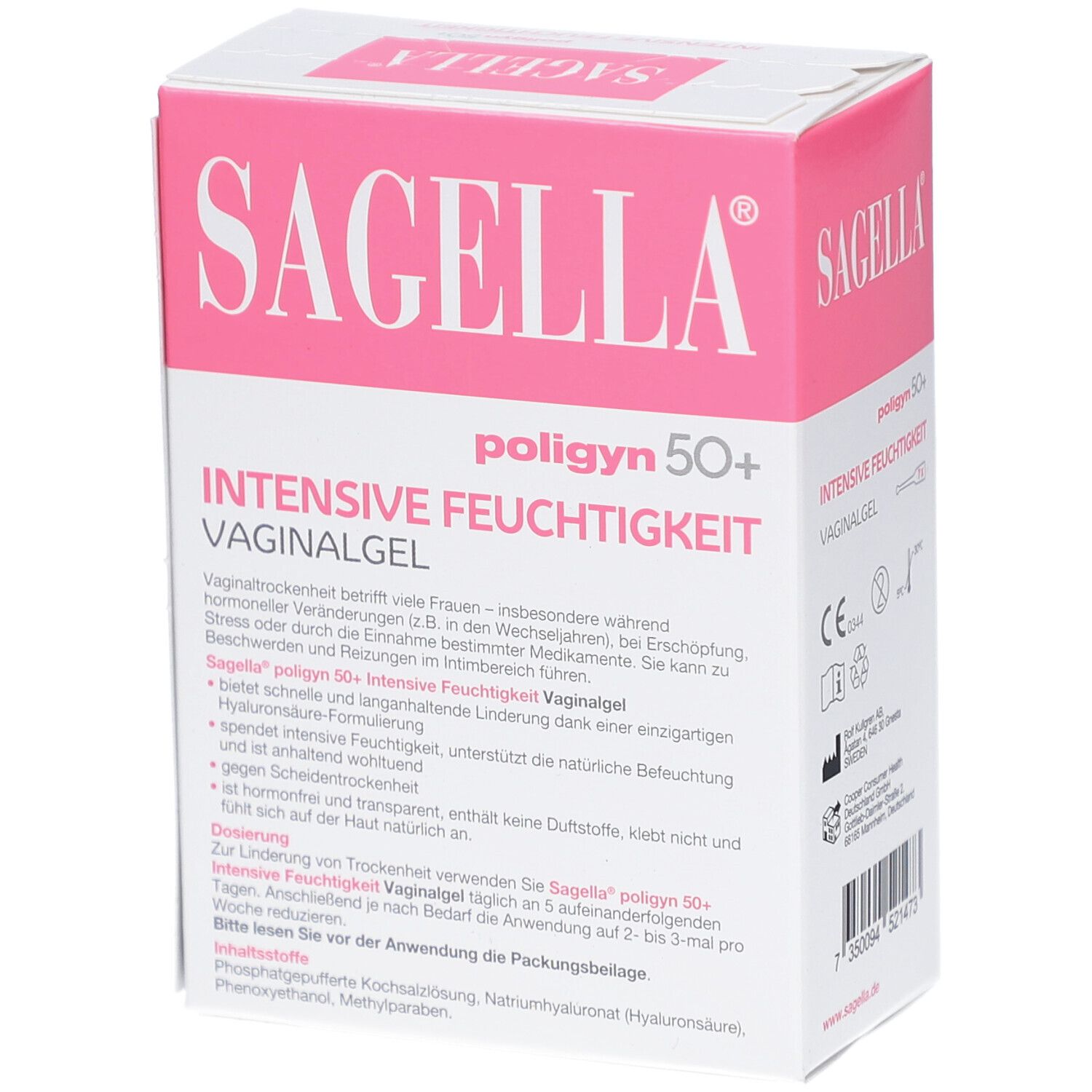 SAGELLA® poligyn 50+ Verpackung. Text über Anwendung und Inhaltsstoffe. Rosa-weiße Schachtel mit Produktinformationen.